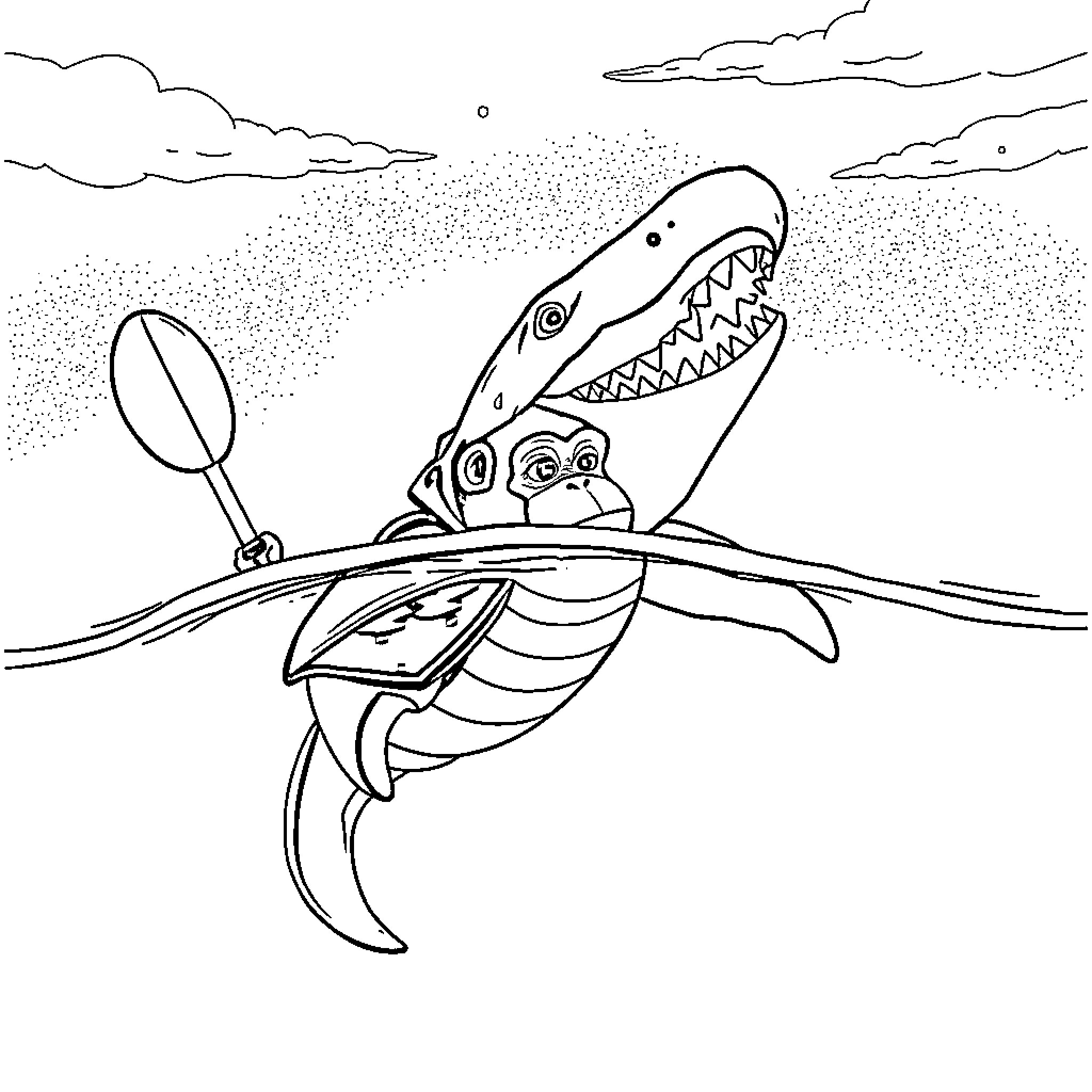 Shark playing with a magnifying glass in the ocean Coloring Page (free black-and-white line drawing printable PDF for all, from beginners to advanced learners, including children, teens, adults, and seniors)