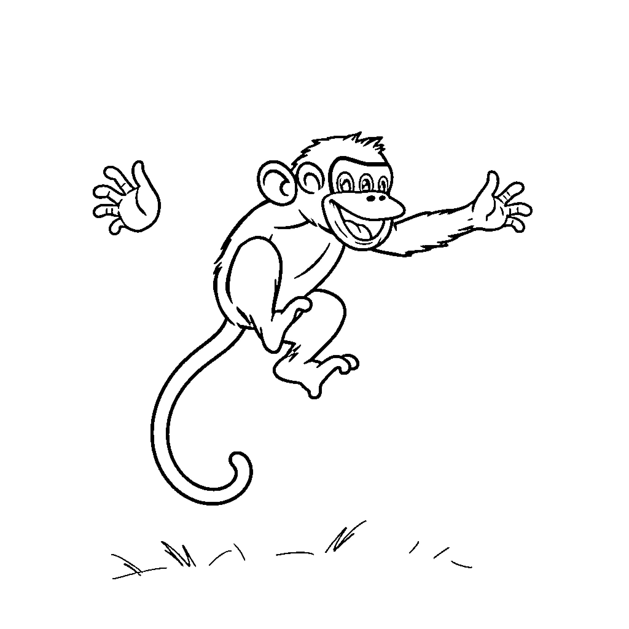Monkey jumping and waving happily Coloring Page (free black-and-white line drawing printable PDF for all, from beginners to advanced learners, including children, teens, adults, and seniors)