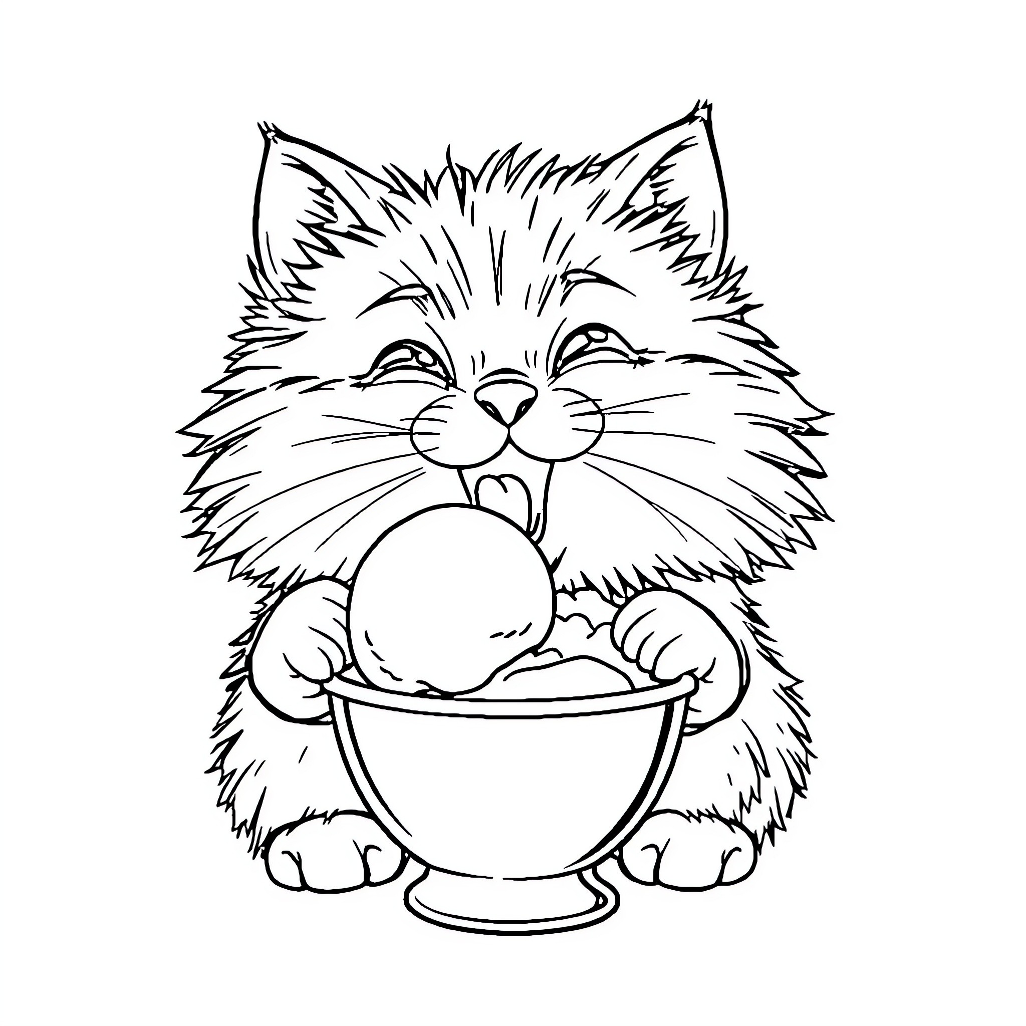 Cat enjoying a snack in a bowl Coloring Page (free black-and-white line drawing printable PDF for all, from beginners to advanced learners, including children, teens, adults, and seniors)