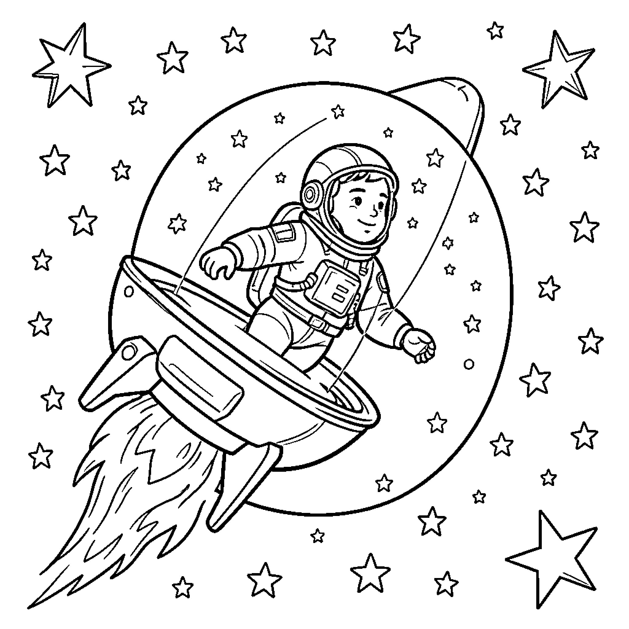 Pilot floating joyfully inside a futuristic space capsule Coloring Page (free black-and-white line drawing printable PDF for all, from beginners to advanced learners, including children, teens, adults, and seniors)