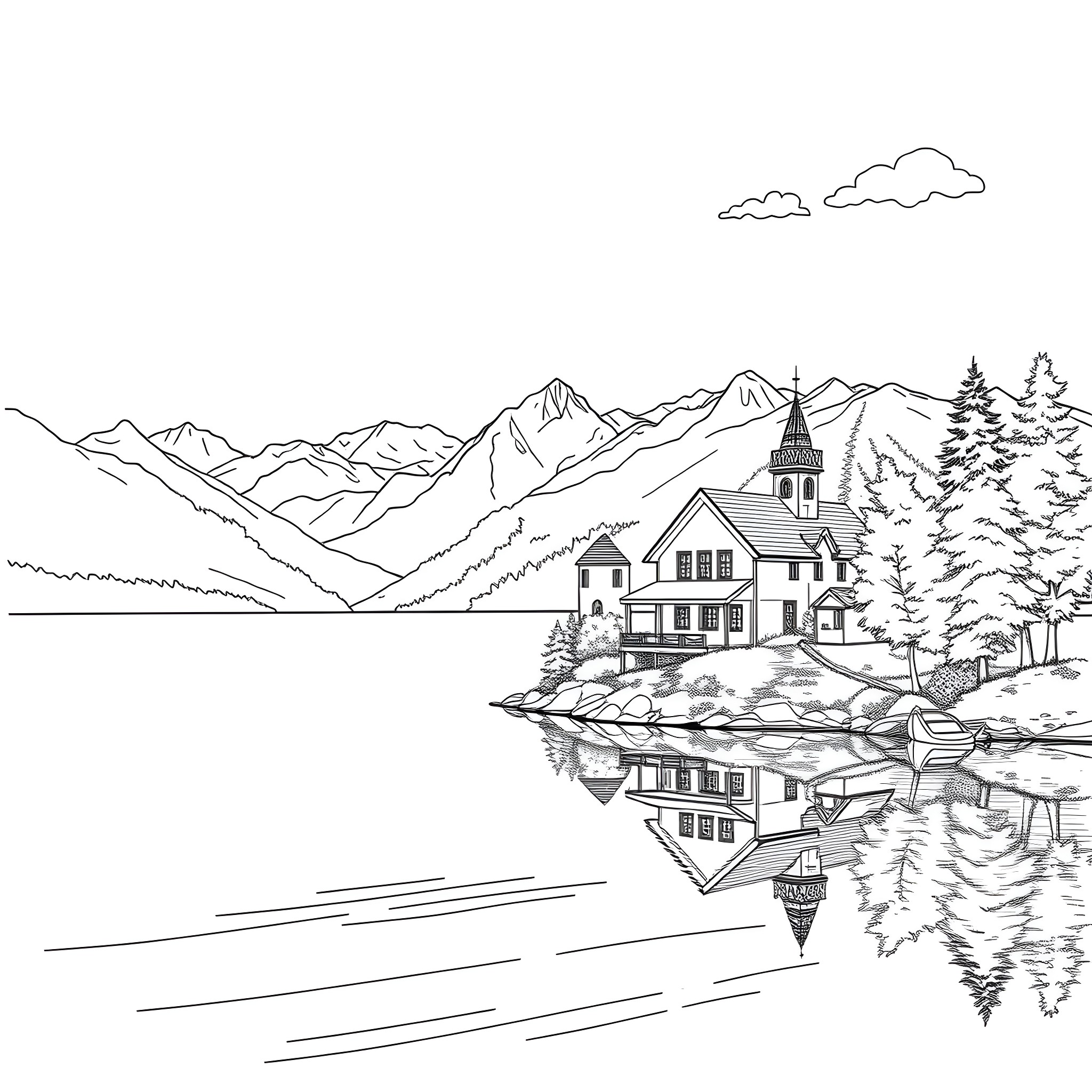 House in the peaceful mountain landscape Coloring Page (free black-and-white line drawing printable PDF for all, from beginners to advanced learners, including children, teens, adults, and seniors)