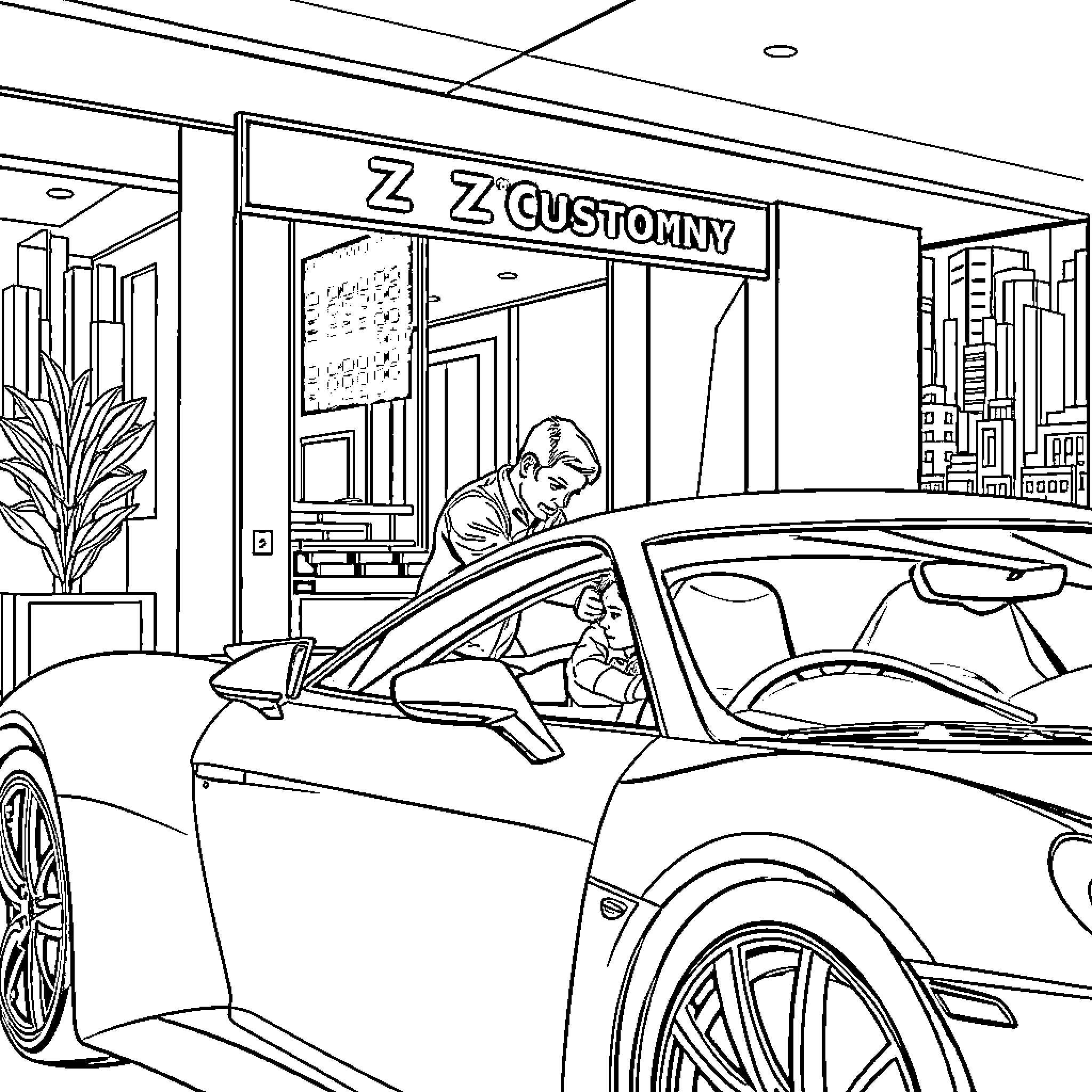 Window Tint Shop Showcasing Car Customization Coloring Page (free black-and-white line drawing printable PDF for all, from beginners to advanced learners, including children, teens, adults, and seniors)