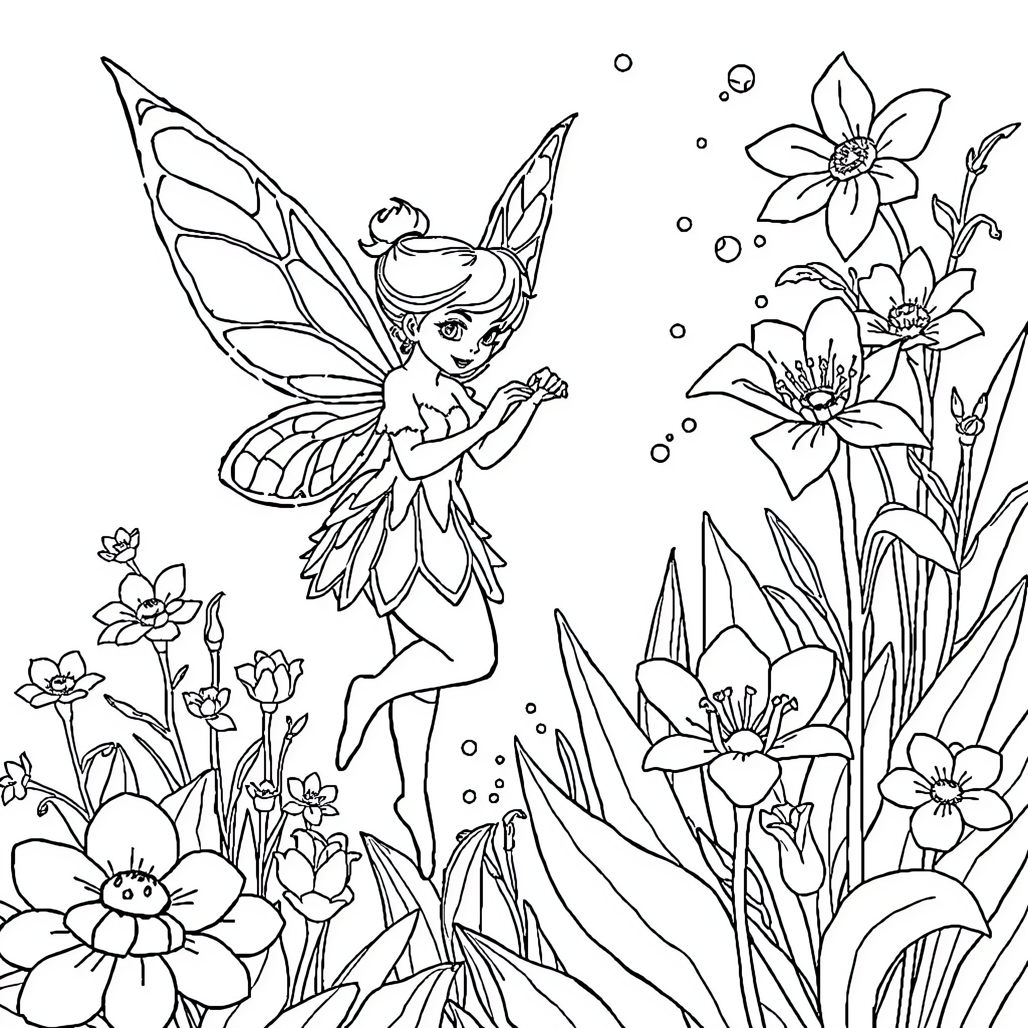 Fairy dancing gracefully among blooming flowers Coloring Page (free black-and-white line drawing printable PDF for all, from beginners to advanced learners, including children, teens, adults, and seniors)