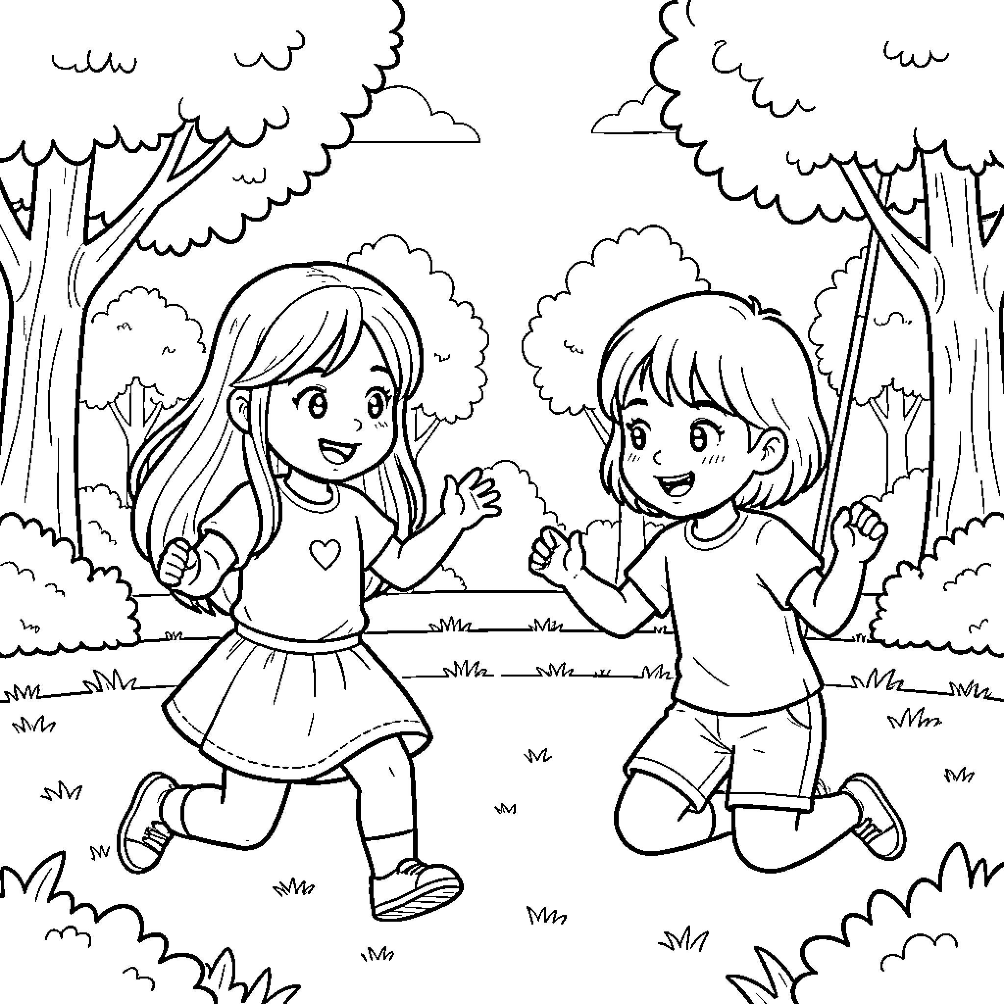 Nina and her friend playing together in the forest Coloring Page (free black-and-white line drawing printable PDF for all, from beginners to advanced learners, including children, teens, adults, and seniors)
