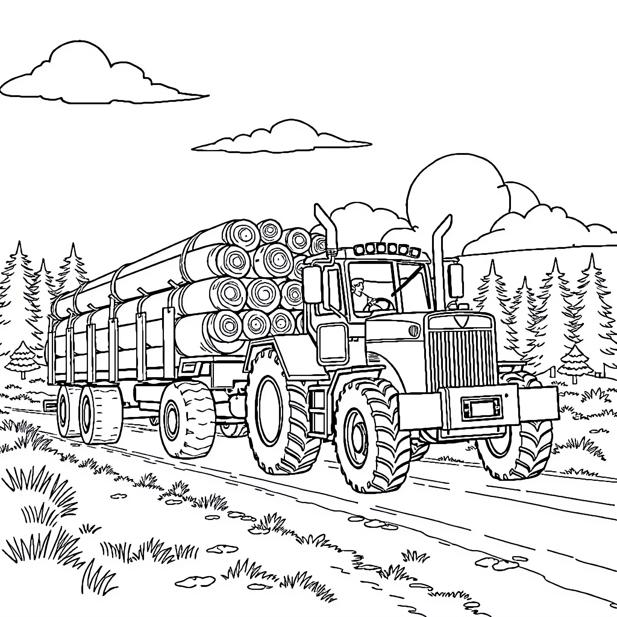 Tractor transporting logs in the countryside Coloring Page (free black-and-white line drawing printable PDF for all, from beginners to advanced learners, including children, teens, adults, and seniors)