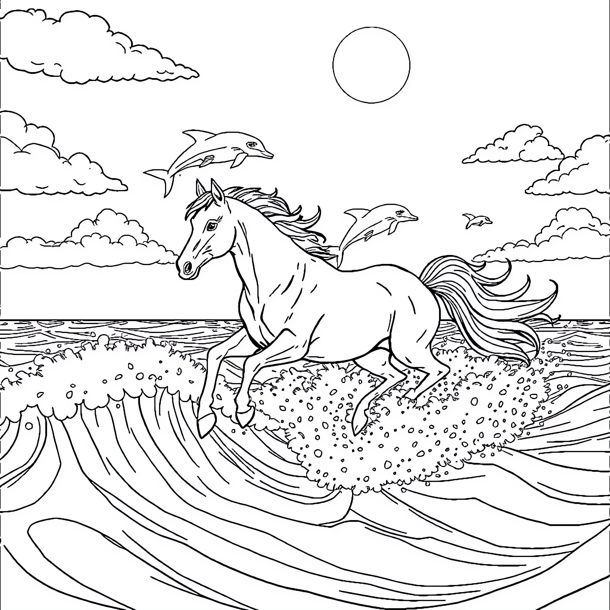 Cheval running on waves with dolphins Coloring Page (free black-and-white line drawing printable PDF for all, from beginners to advanced learners, including children, teens, adults, and seniors)