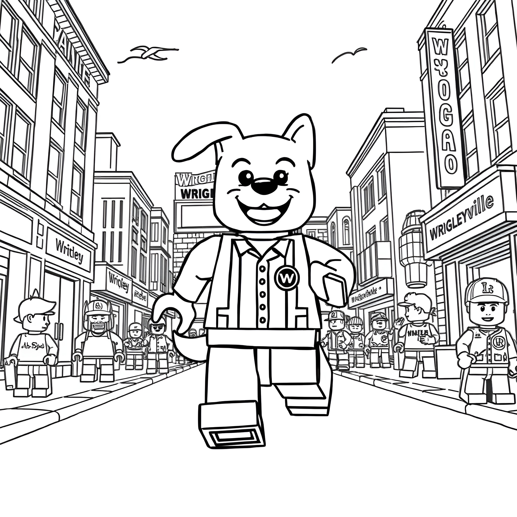 Dog Man Helps People in the City Coloring Page (free black-and-white line drawing printable PDF for all, from beginners to advanced learners, including children, teens, adults, and seniors)