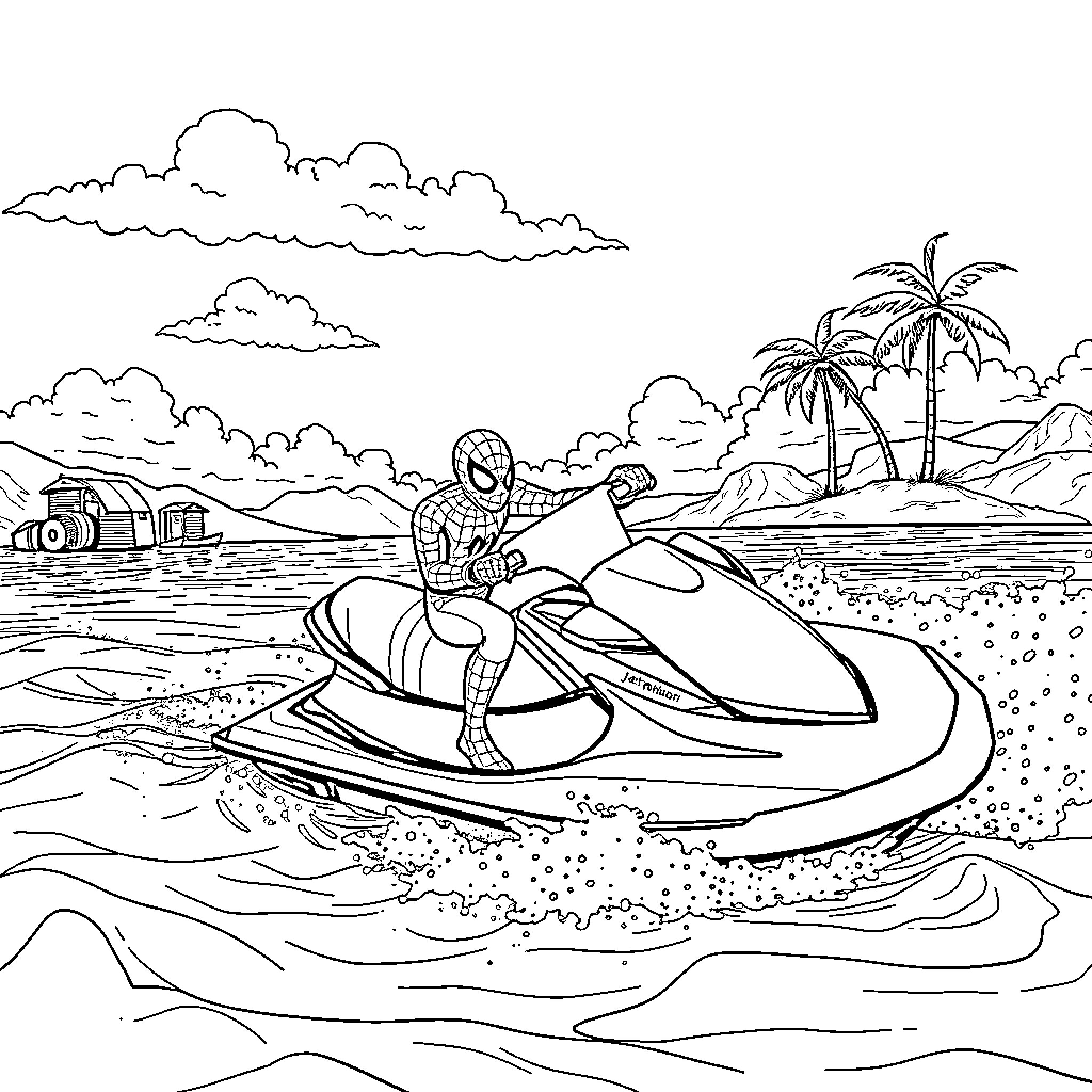 Spiderman riding a jet ski on the beach Coloring Page (free black-and-white line drawing printable PDF for all, from beginners to advanced learners, including children, teens, adults, and seniors)