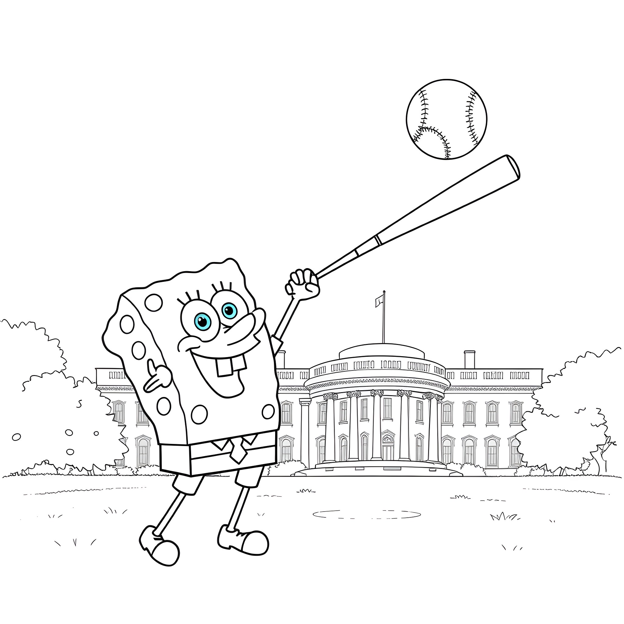 Spongebob playing baseball near the White House Coloring Page (free black-and-white line drawing printable PDF for all, from beginners to advanced learners, including children, teens, adults, and seniors)