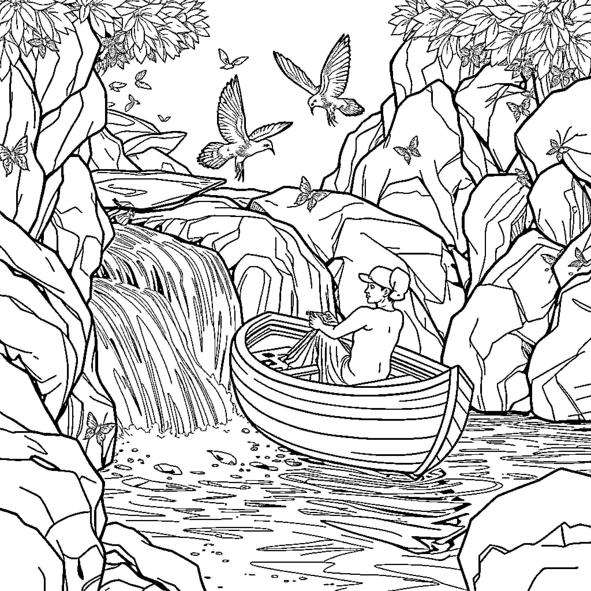 Person relaxing in a boat by a waterfall surrounded by nature Coloring Page (free black-and-white line drawing printable PDF for all, from beginners to advanced learners, including children, teens, adults, and seniors)