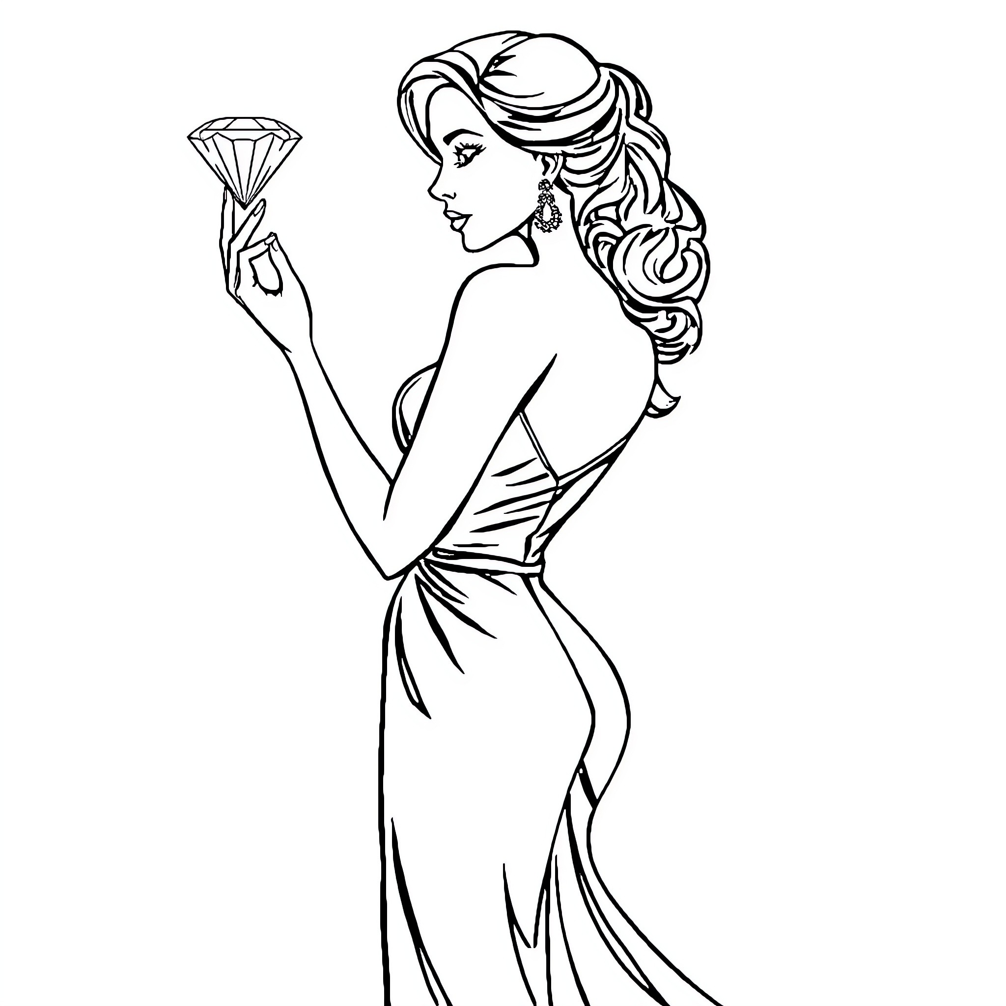 Woman admiring a diamond in her hand Coloring Page (free black-and-white line drawing printable PDF for all, from beginners to advanced learners, including children, teens, adults, and seniors)