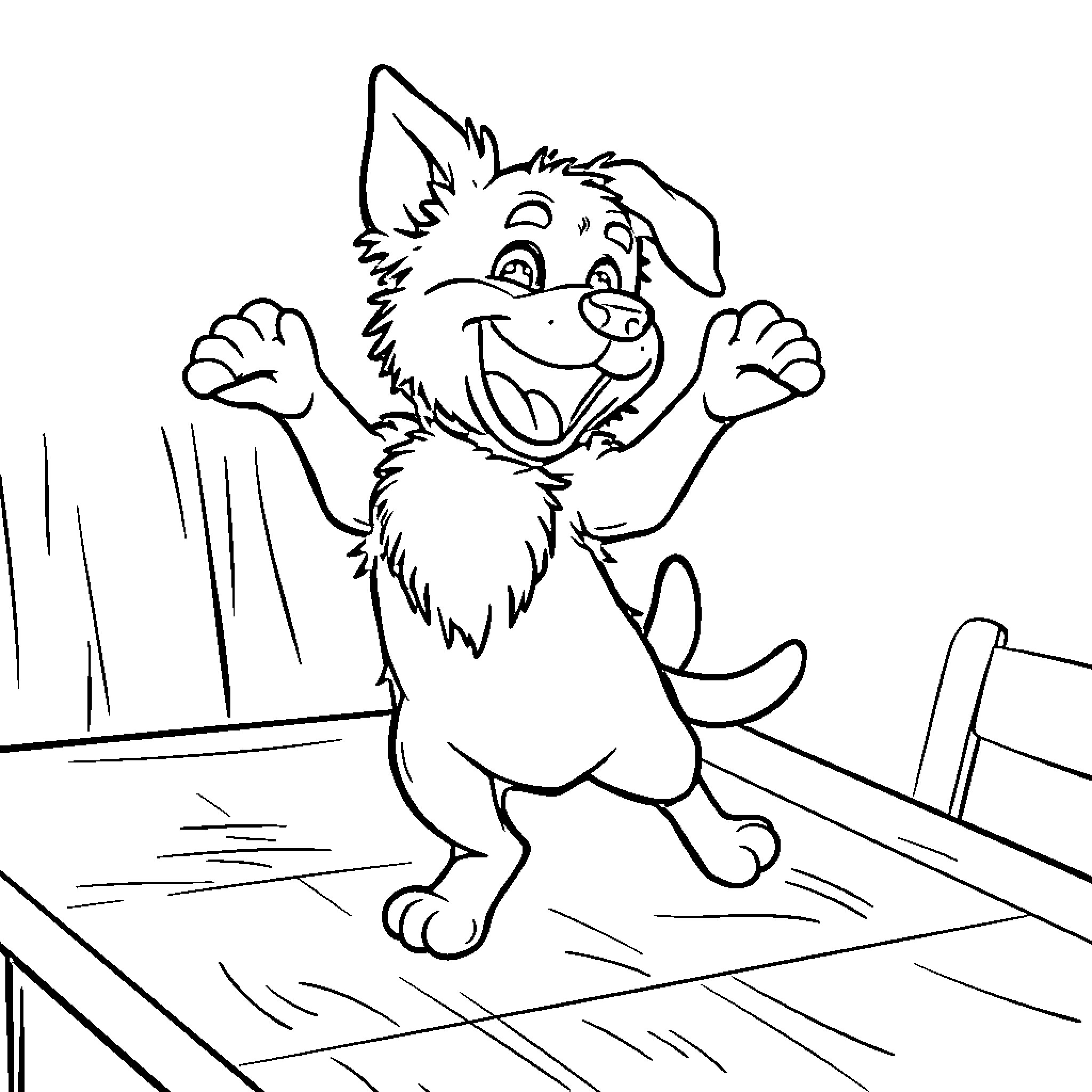 Dog playing excitedly on wooden floor Coloring Page (free black-and-white line drawing printable PDF for all, from beginners to advanced learners, including children, teens, adults, and seniors)