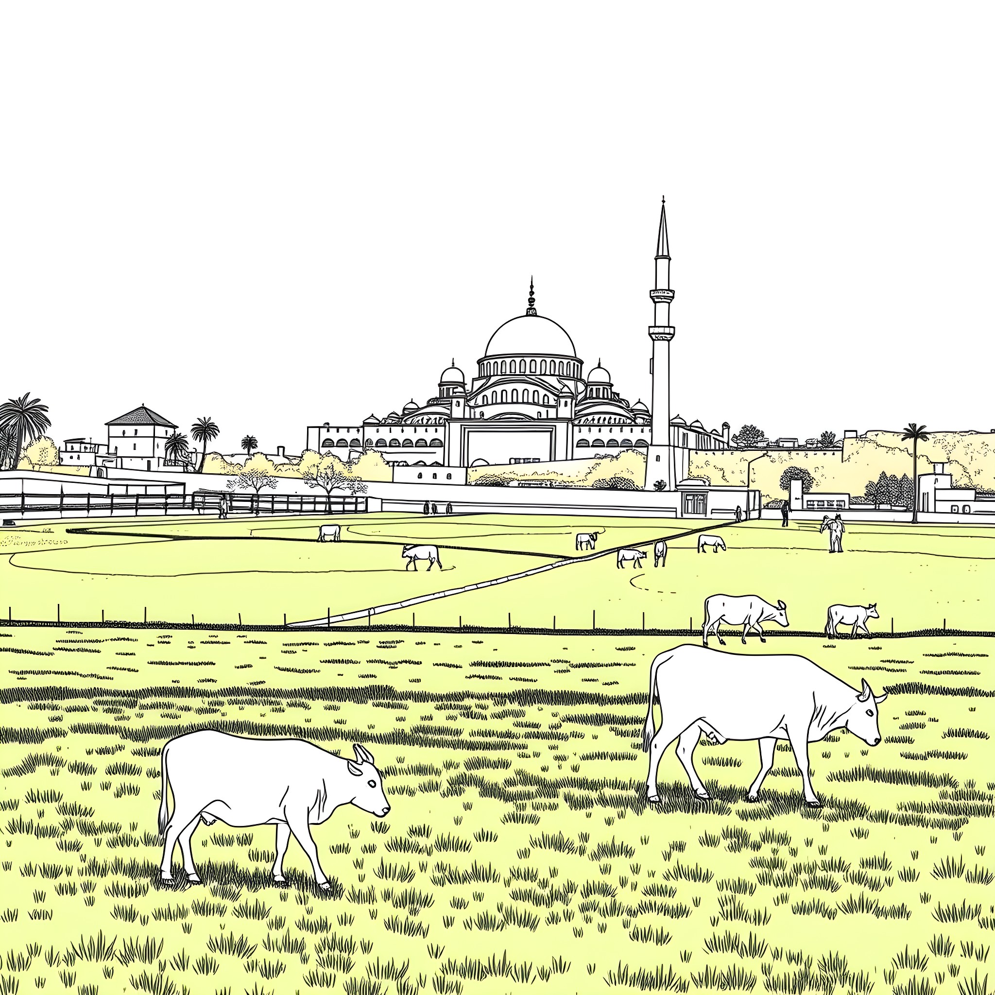 Farm animals grazing in front of scenic mosque Coloring Page (free black-and-white line drawing printable PDF for all, from beginners to advanced learners, including children, teens, adults, and seniors)