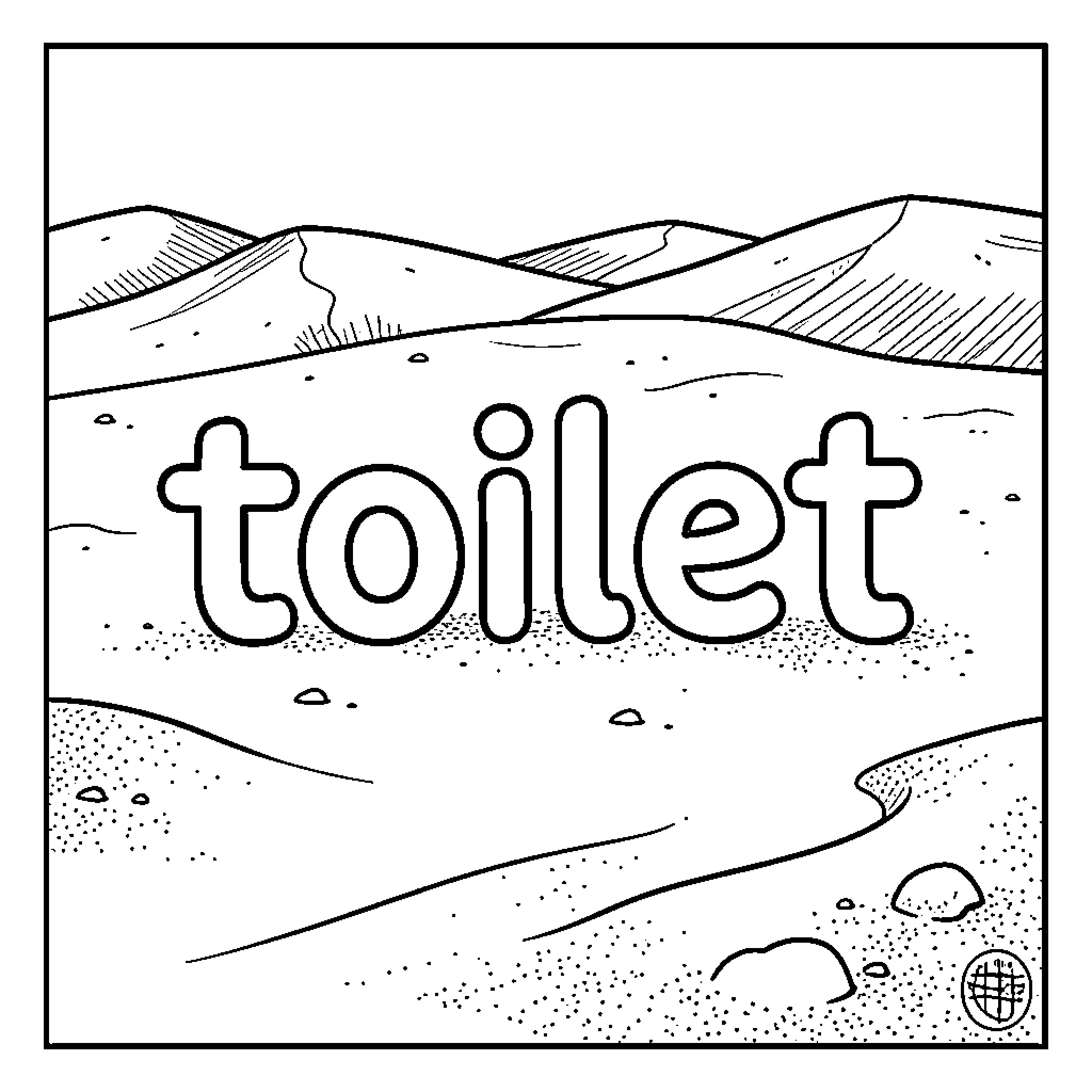 Toilet text displayed over a vast desert landscape Coloring Page (free black-and-white line drawing printable PDF for all, from beginners to advanced learners, including children, teens, adults, and seniors)