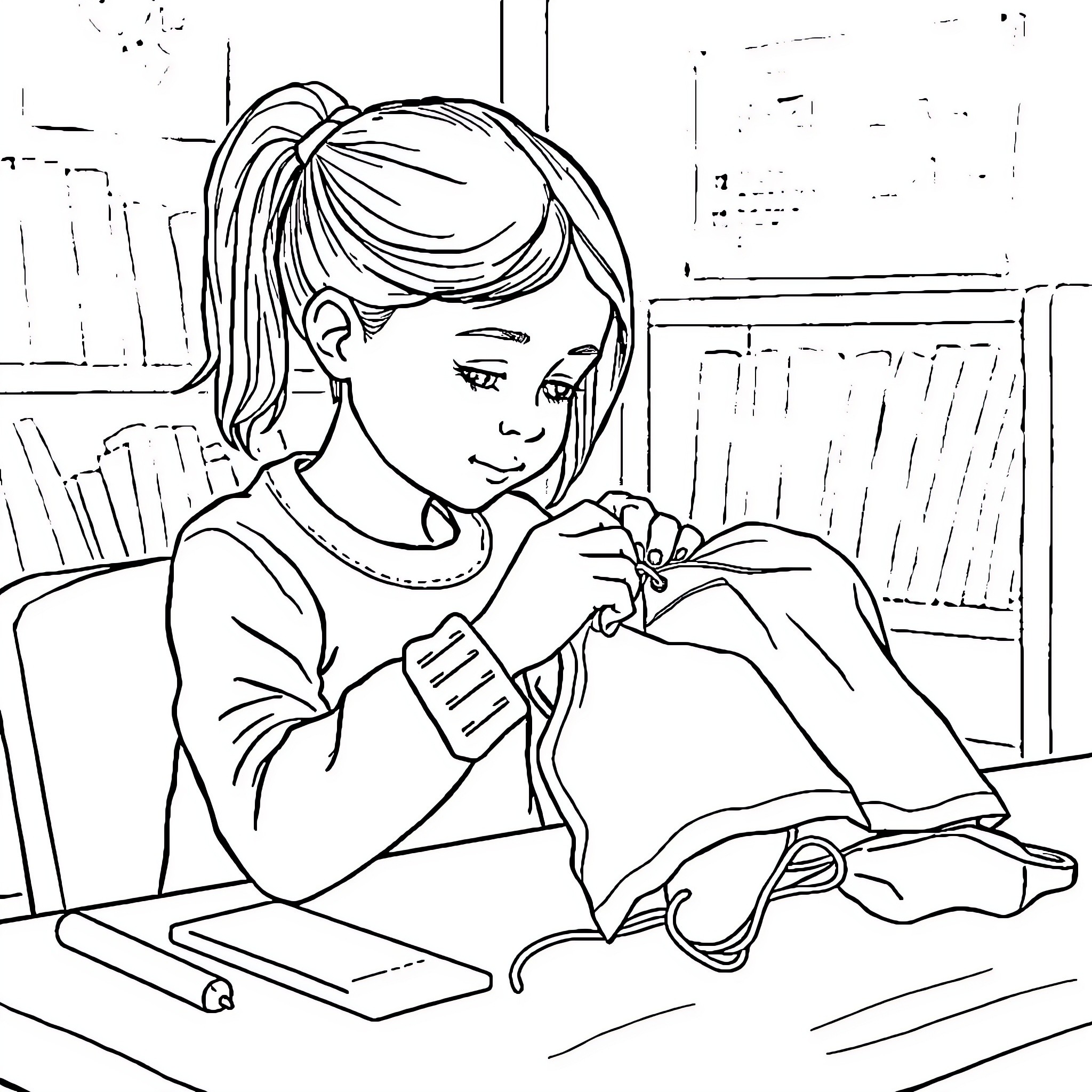 Girl reading book intently in a study Coloring Page (free black-and-white line drawing printable PDF for all, from beginners to advanced learners, including children, teens, adults, and seniors)