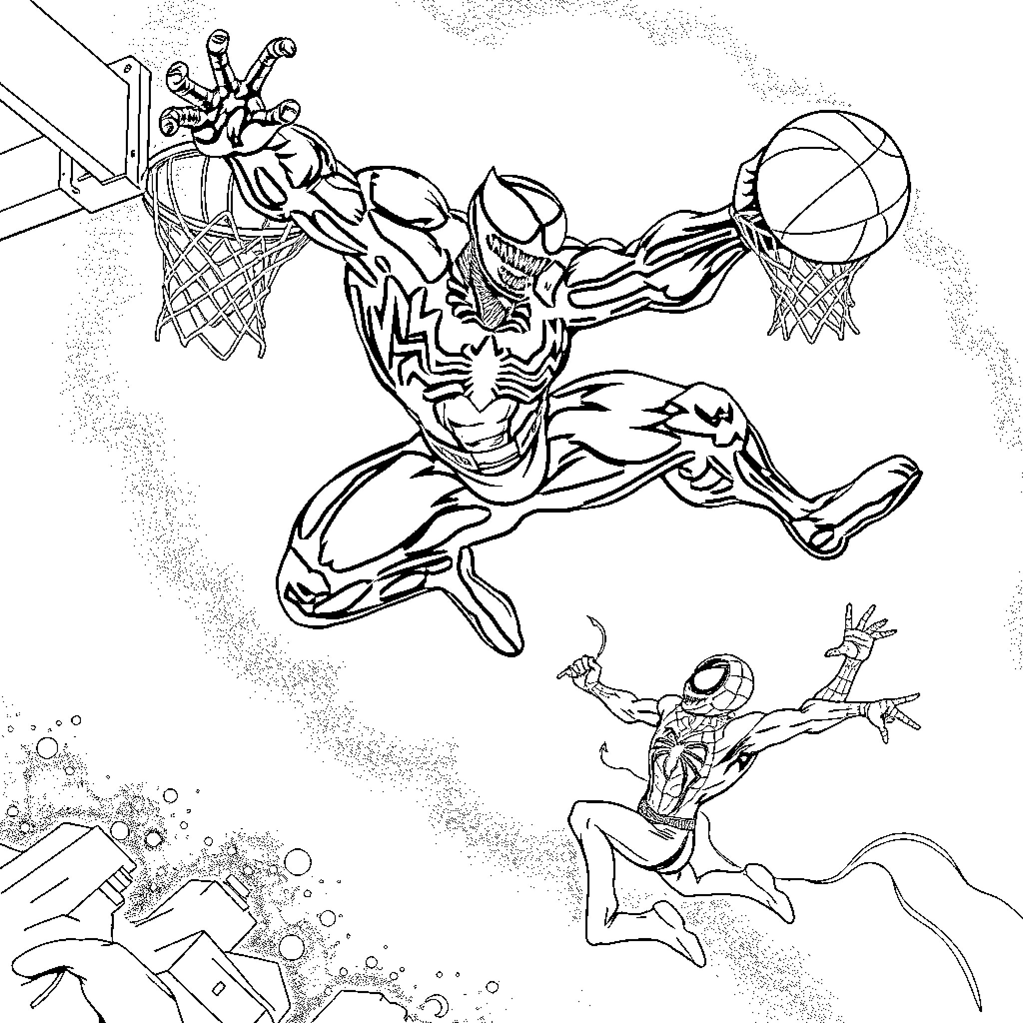 Venom battling against Spider-Man in dynamic action Coloring Page (free black-and-white line drawing printable PDF for all, from beginners to advanced learners, including children, teens, adults, and seniors)