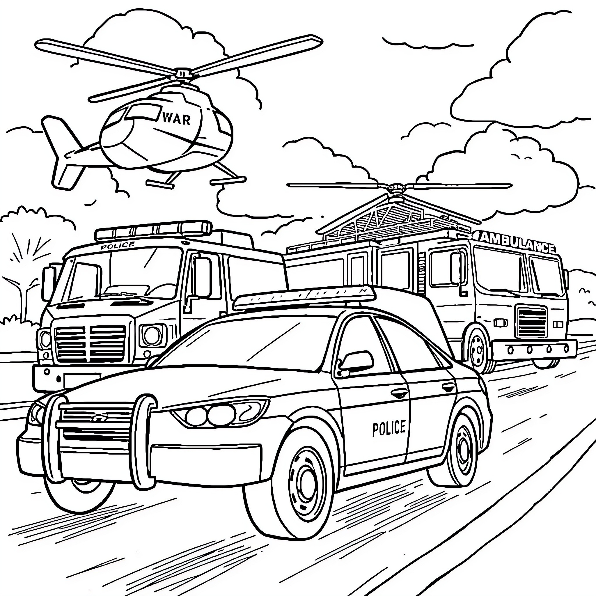 Emergency Vehicle Responding to Urgent Call Coloring Page (free black-and-white line drawing printable PDF for all, from beginners to advanced learners, including children, teens, adults, and seniors)