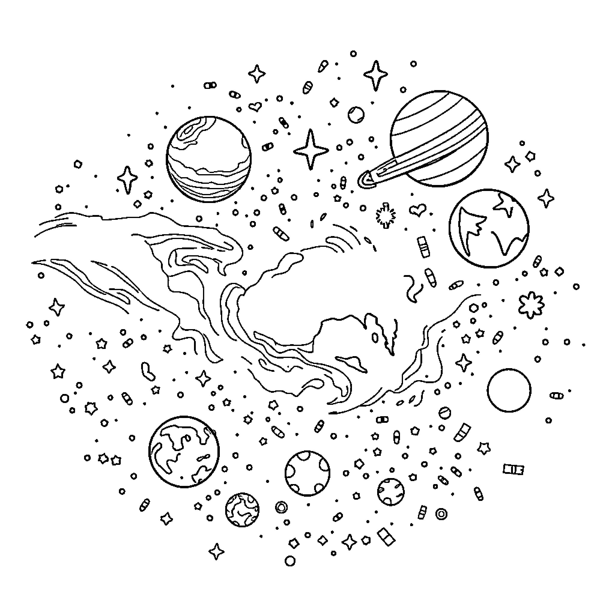 Universe of Celestial Wonders Coloring Page (free black-and-white line drawing printable PDF for all, from beginners to advanced learners, including children, teens, adults, and seniors)