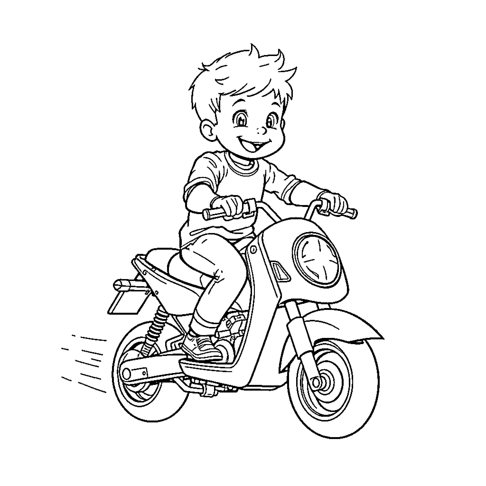 Boy riding a toy motorcycle with excitement Coloring Page (free black-and-white line drawing printable PDF for all, from beginners to advanced learners, including children, teens, adults, and seniors)