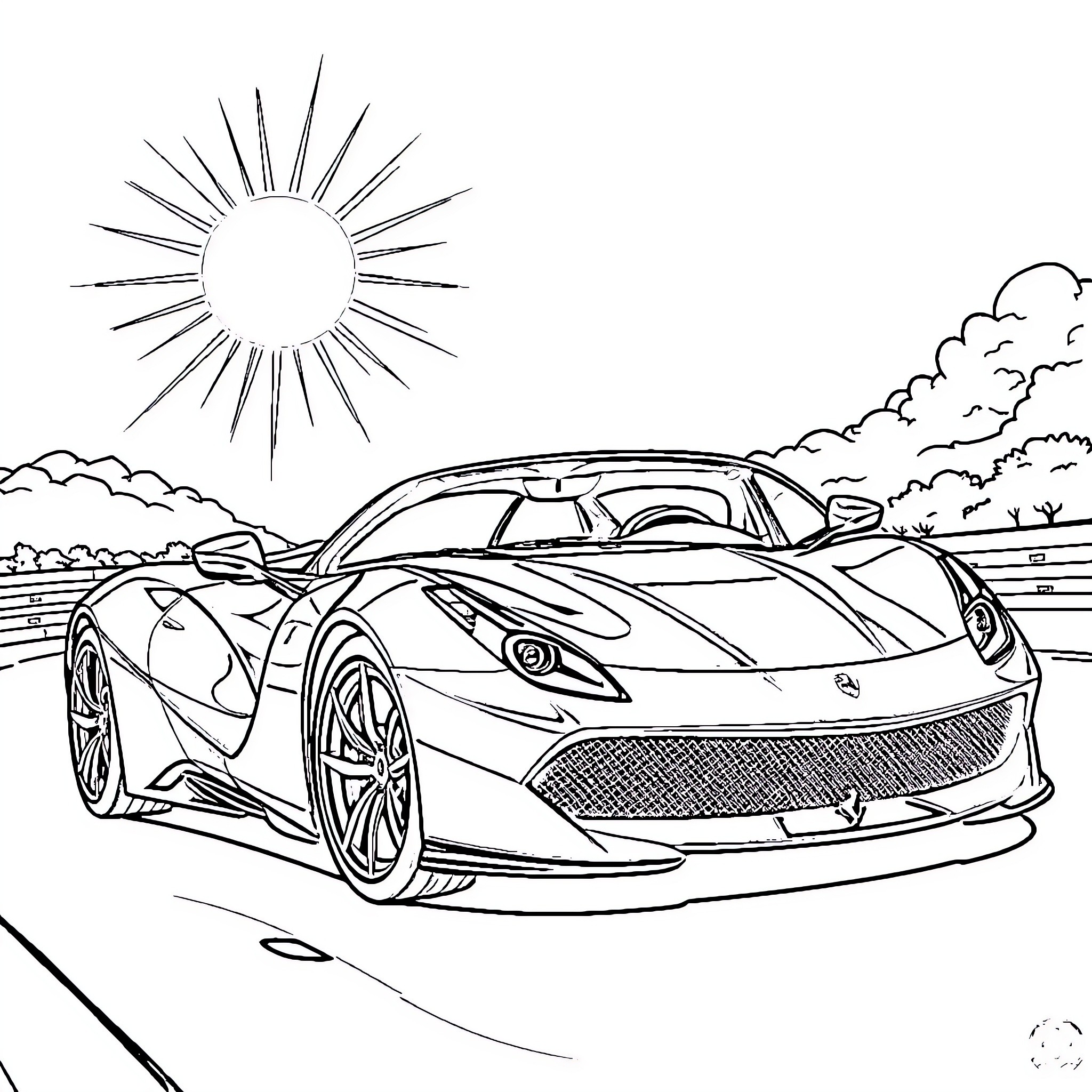Ferrari speeding through scenic countryside Coloring Page (free black-and-white line drawing printable PDF for all, from beginners to advanced learners, including children, teens, adults, and seniors)