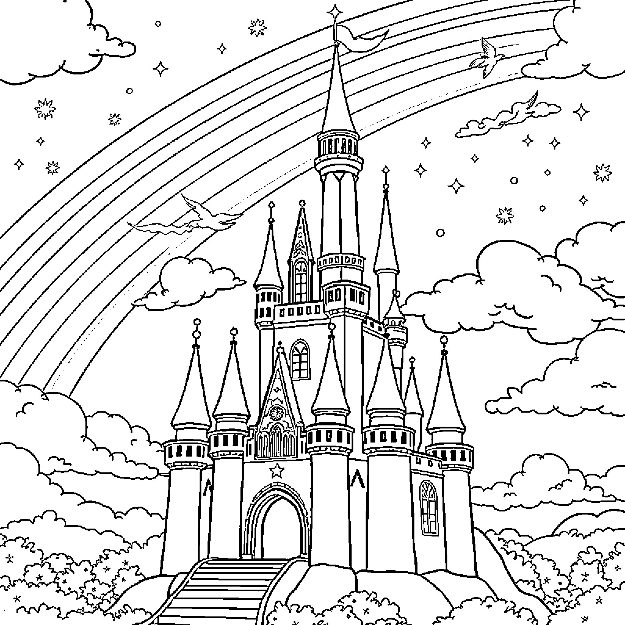 Castle in a Whimsical Fairytale Landscape Coloring Page (free black-and-white line drawing printable PDF for all, from beginners to advanced learners, including children, teens, adults, and seniors)