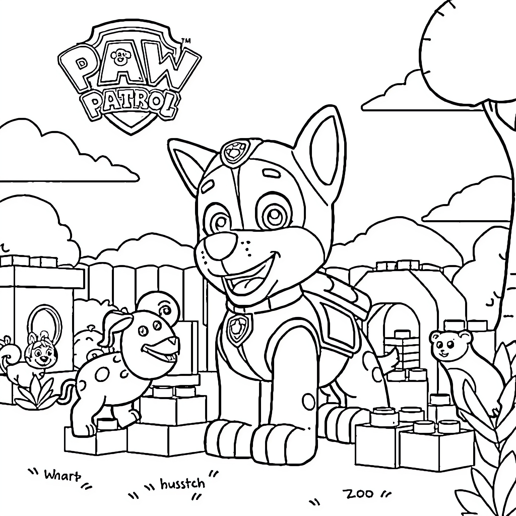 Marshall and the Paw Patrol team in action Coloring Page (free black-and-white line drawing printable PDF for all, from beginners to advanced learners, including children, teens, adults, and seniors)