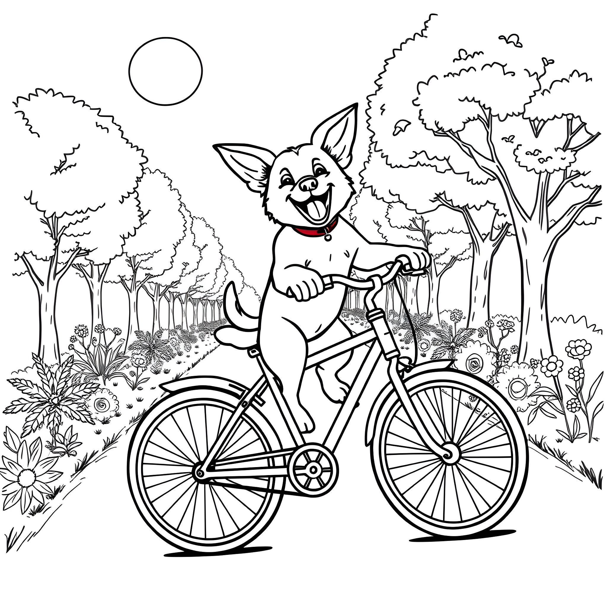 Dog riding bicycle in a forest Coloring Page (free black-and-white line drawing printable PDF for all, from beginners to advanced learners, including children, teens, adults, and seniors)