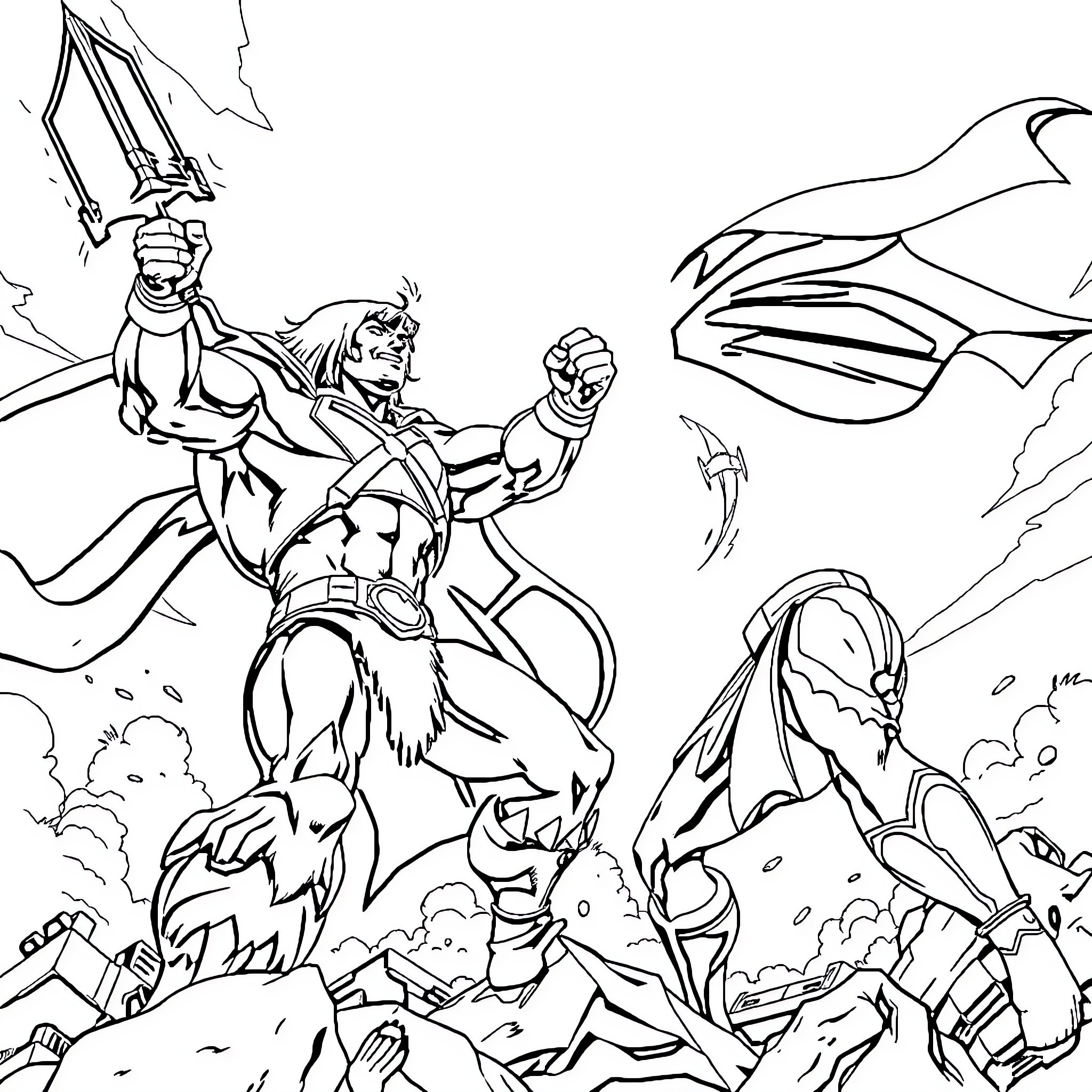 Heman battles fierce foes in an epic clash Coloring Page (free black-and-white line drawing printable PDF for all, from beginners to advanced learners, including children, teens, adults, and seniors)