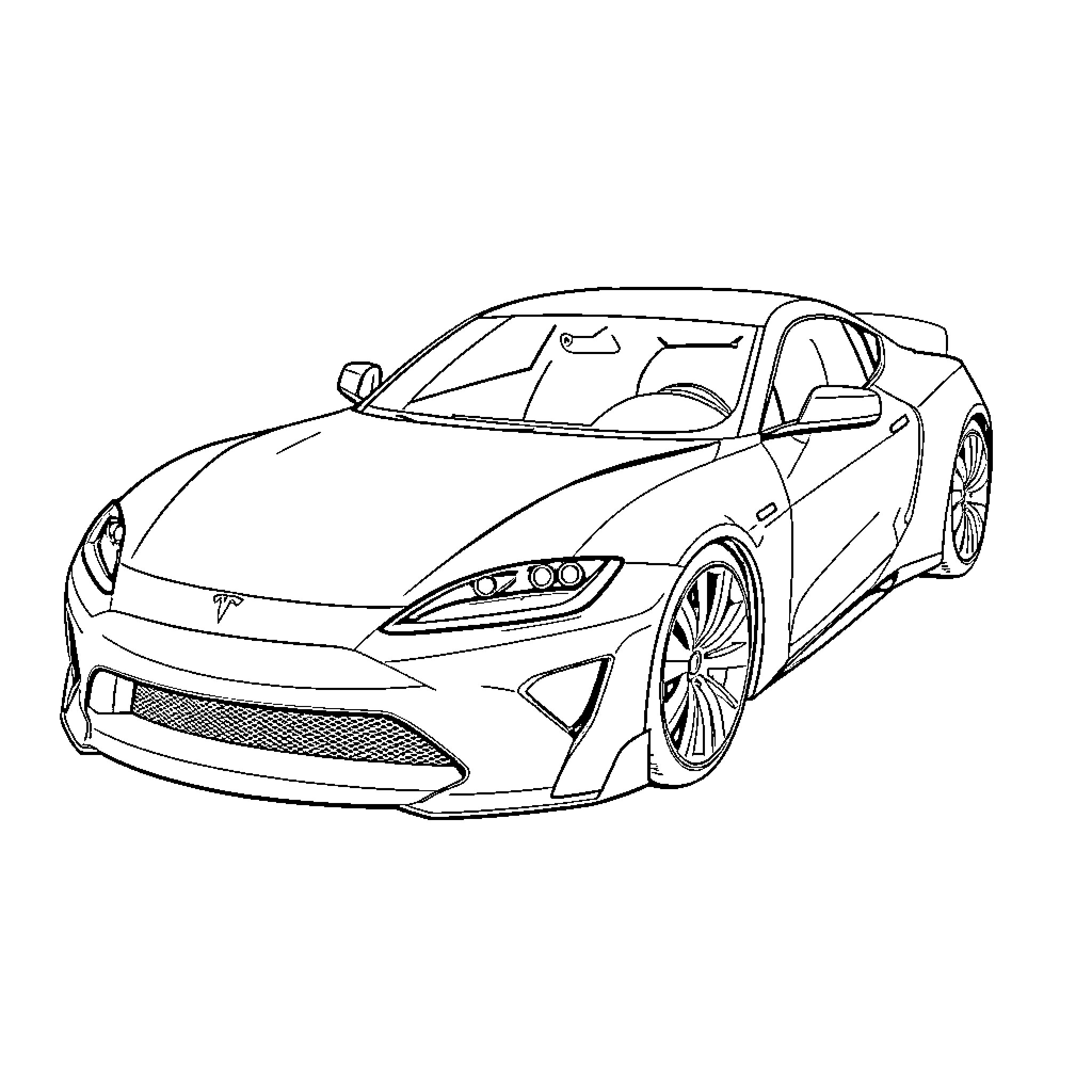 Tesla electric sports car in sleek design Coloring Page (free black-and-white line drawing printable PDF for all, from beginners to advanced learners, including children, teens, adults, and seniors)