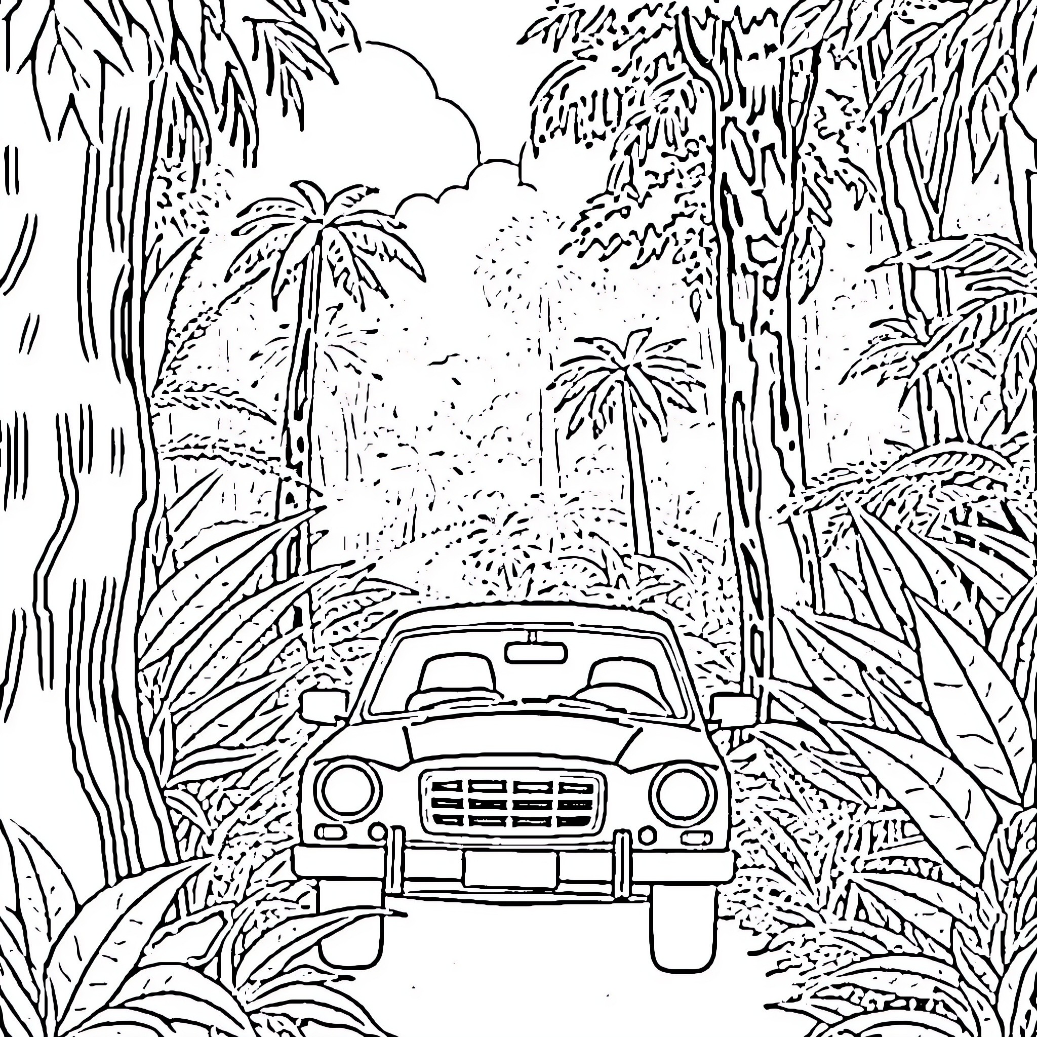 Car driving through jungle landscape Coloring Page (free black-and-white line drawing printable PDF for all, from beginners to advanced learners, including children, teens, adults, and seniors)