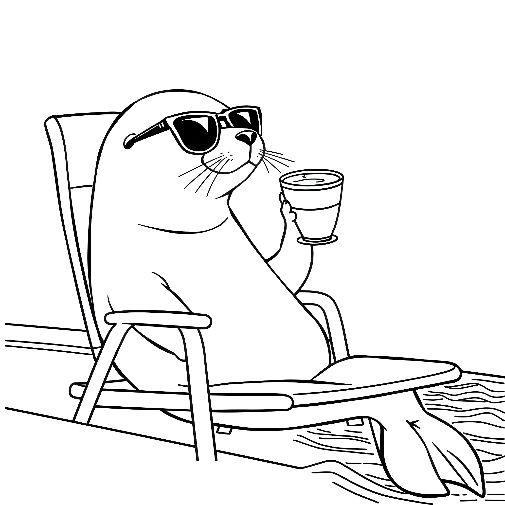 Seal relaxing on beach chair with drink Coloring Page (free black-and-white line drawing printable PDF for all, from beginners to advanced learners, including children, teens, adults, and seniors)