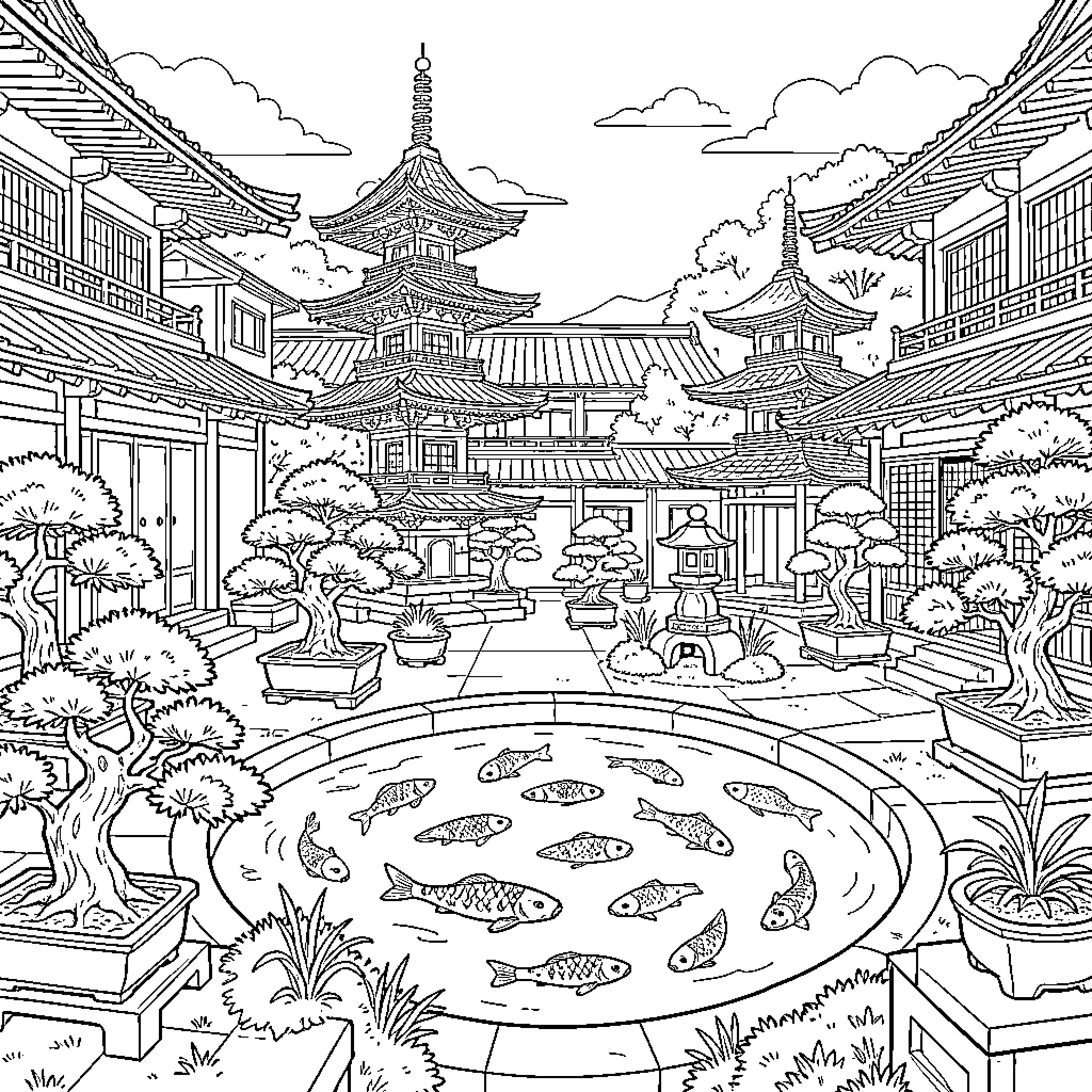 Bonsai trees surrounding a peaceful pagoda garden with koi Coloring Page (free black-and-white line drawing printable PDF for all, from beginners to advanced learners, including children, teens, adults, and seniors)
