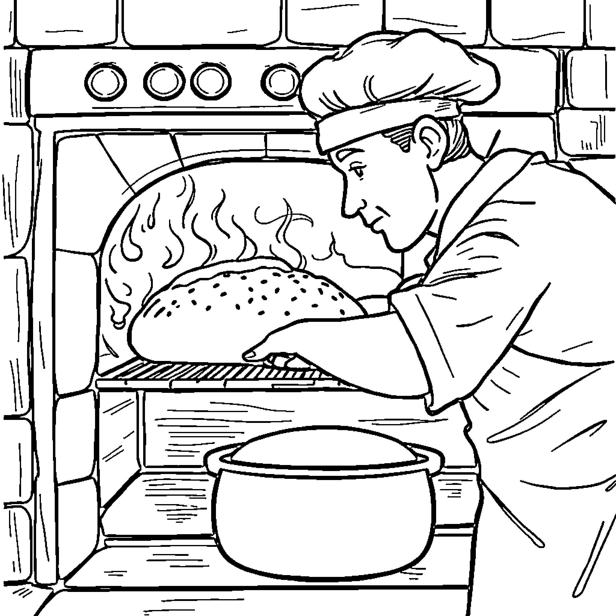 Baker preparing a delicious dish in the kitchen Coloring Page (free black-and-white line drawing printable PDF for all, from beginners to advanced learners, including children, teens, adults, and seniors)