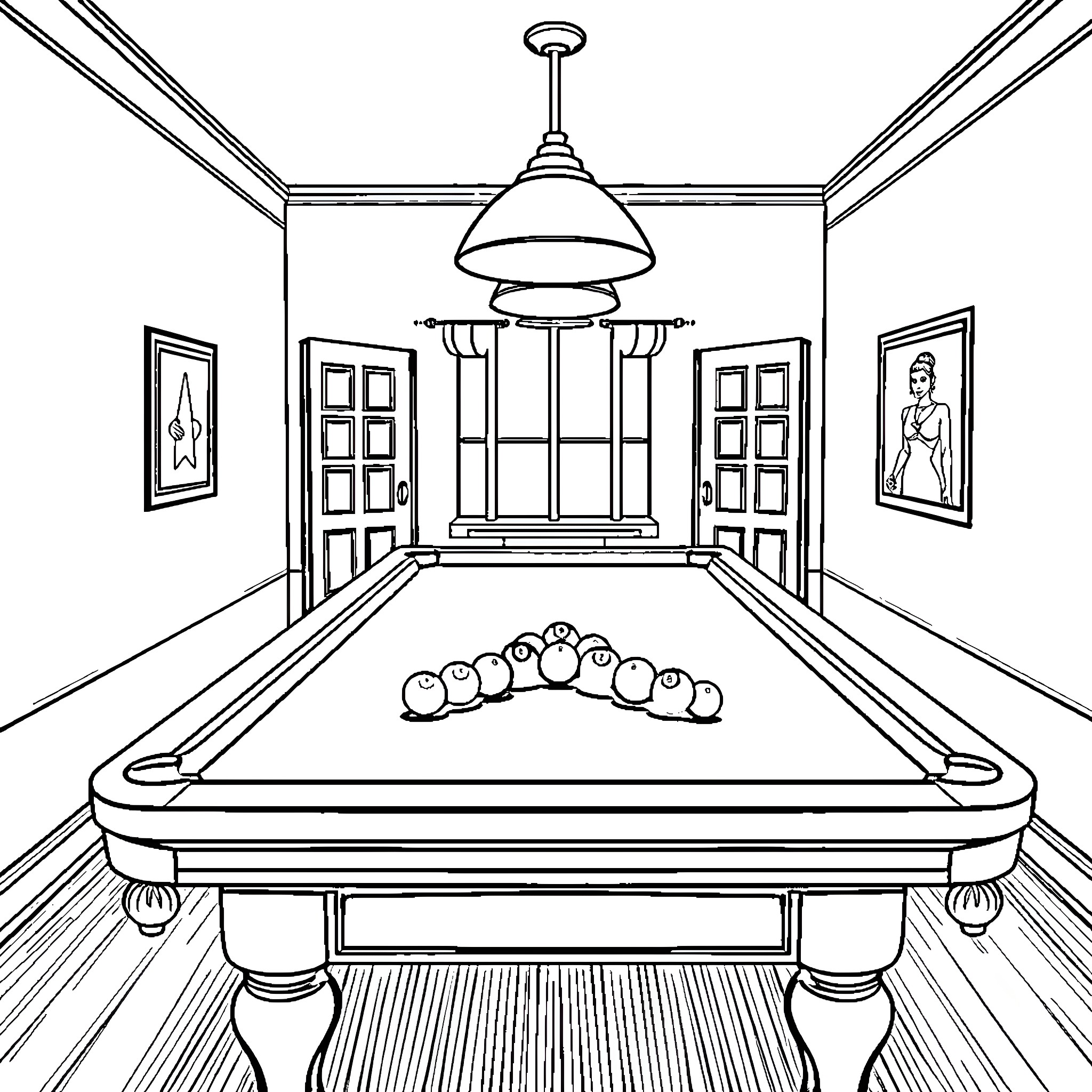 Billiards game in an elegant room Coloring Page (free black-and-white line drawing printable PDF for all, from beginners to advanced learners, including children, teens, adults, and seniors)