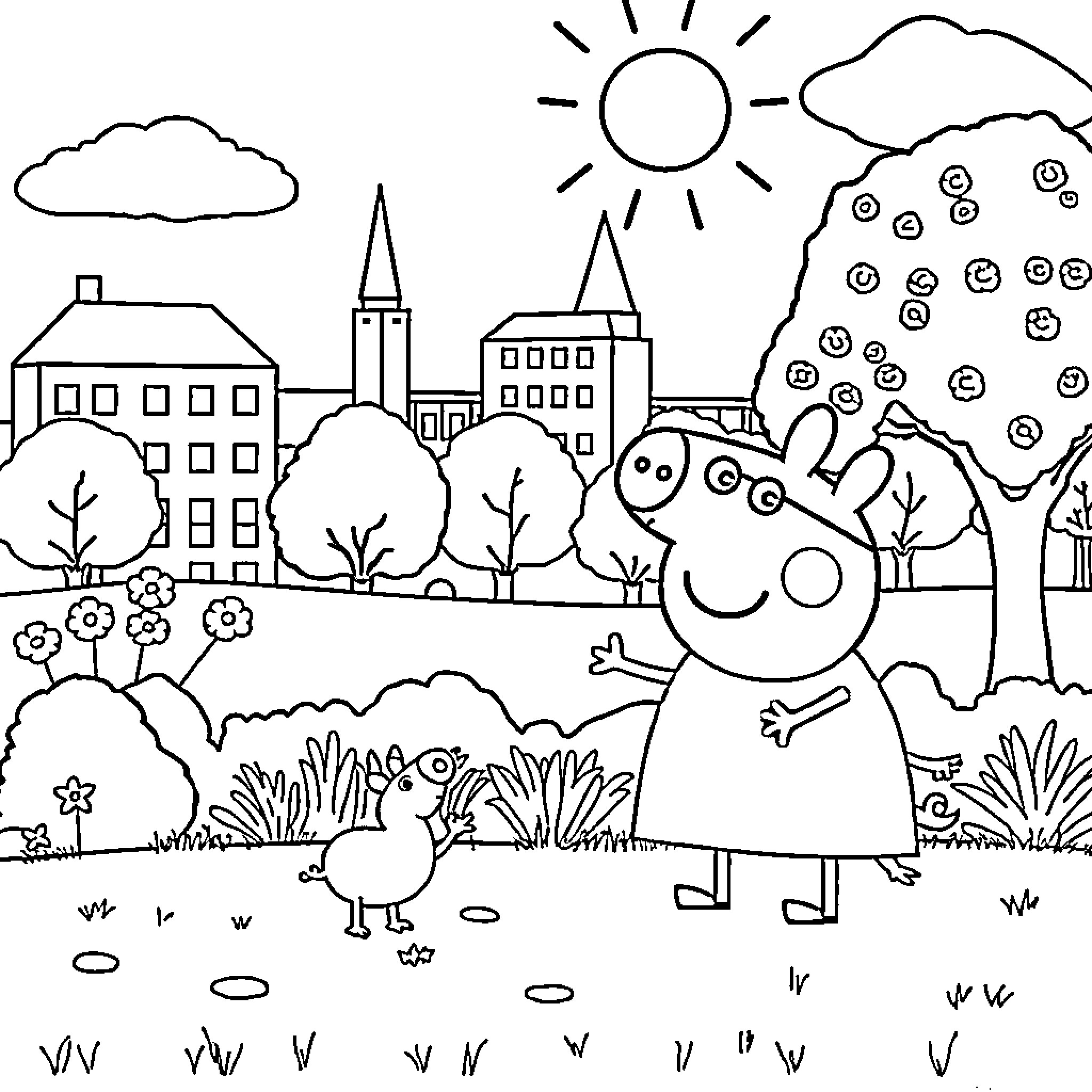 Peppa Pig enjoying a sunny day in the park Coloring Page (free black-and-white line drawing printable PDF for all, from beginners to advanced learners, including children, teens, adults, and seniors)