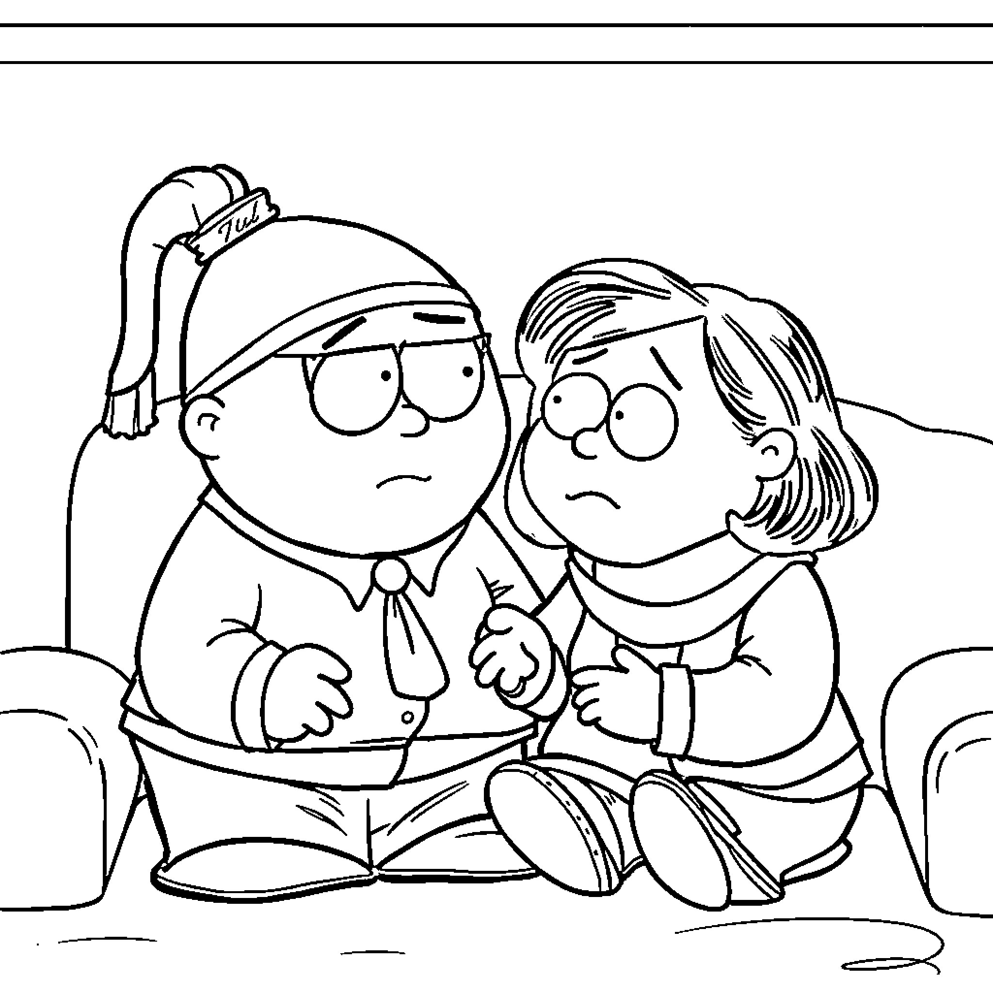 Cartman and friend sitting together dejectedly Coloring Page (free black-and-white line drawing printable PDF for all, from beginners to advanced learners, including children, teens, adults, and seniors)