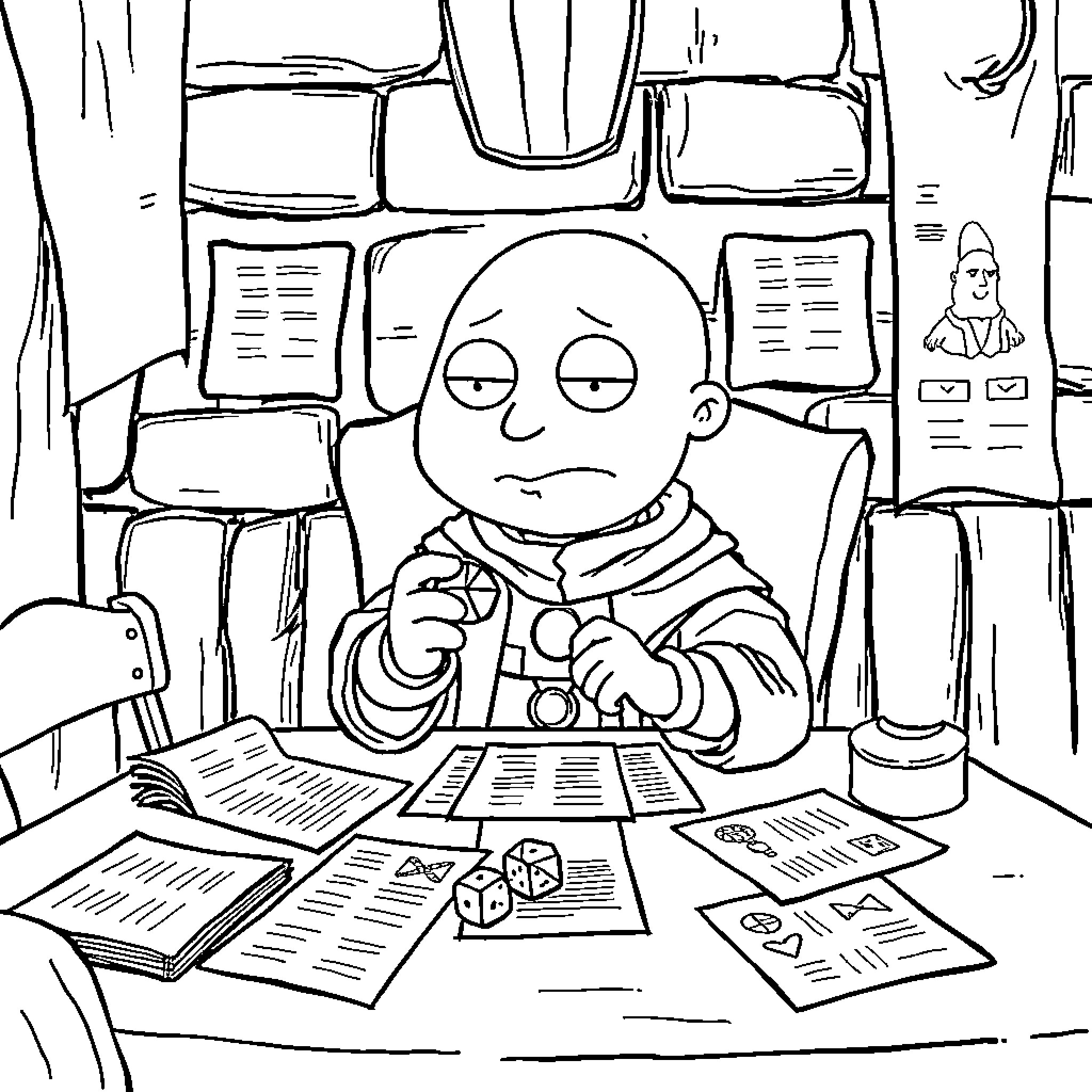 Stewie Griffin contemplating important matters in cluttered workspace Coloring Page (free black-and-white line drawing printable PDF for all, from beginners to advanced learners, including children, teens, adults, and seniors)
