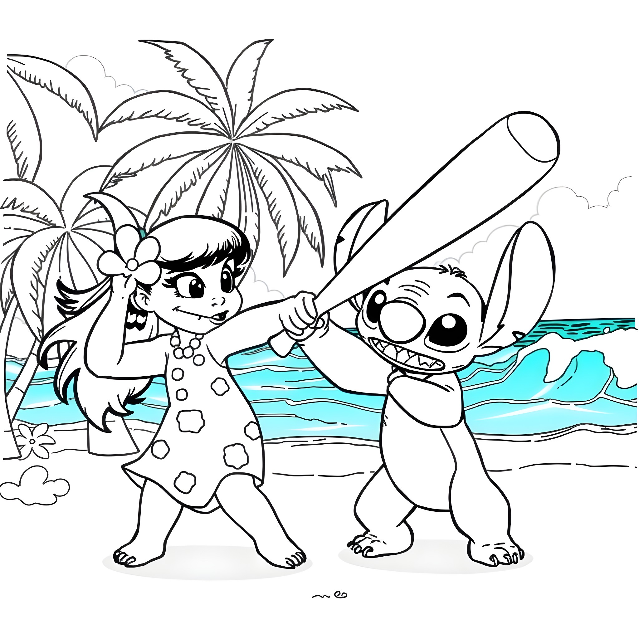 Lilo and Stitch playing on the beach Coloring Page (free black-and-white line drawing printable PDF for all, from beginners to advanced learners, including children, teens, adults, and seniors)