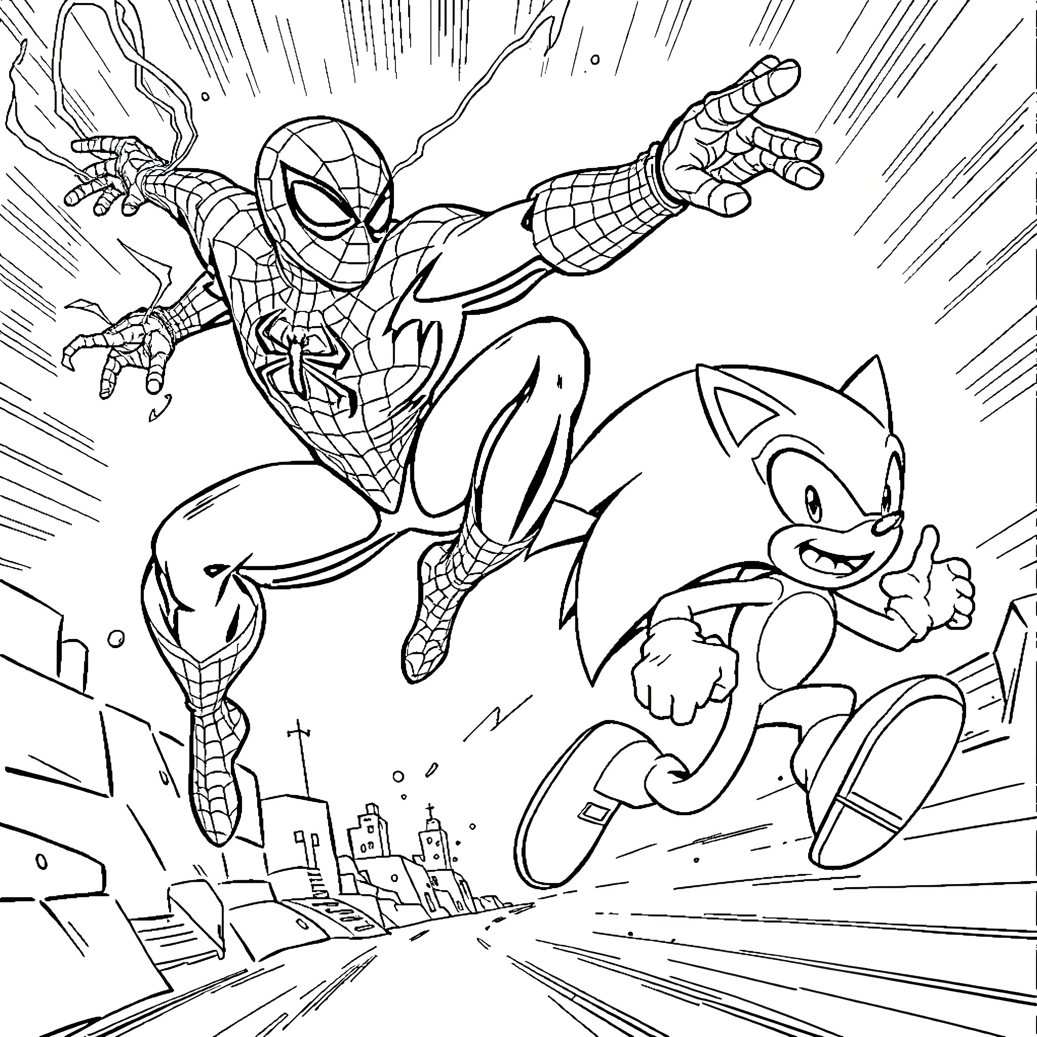 Spider-Man saves the day with Sonic the Hedgehog Coloring Page (free black-and-white line drawing printable PDF for all, from beginners to advanced learners, including children, teens, adults, and seniors)
