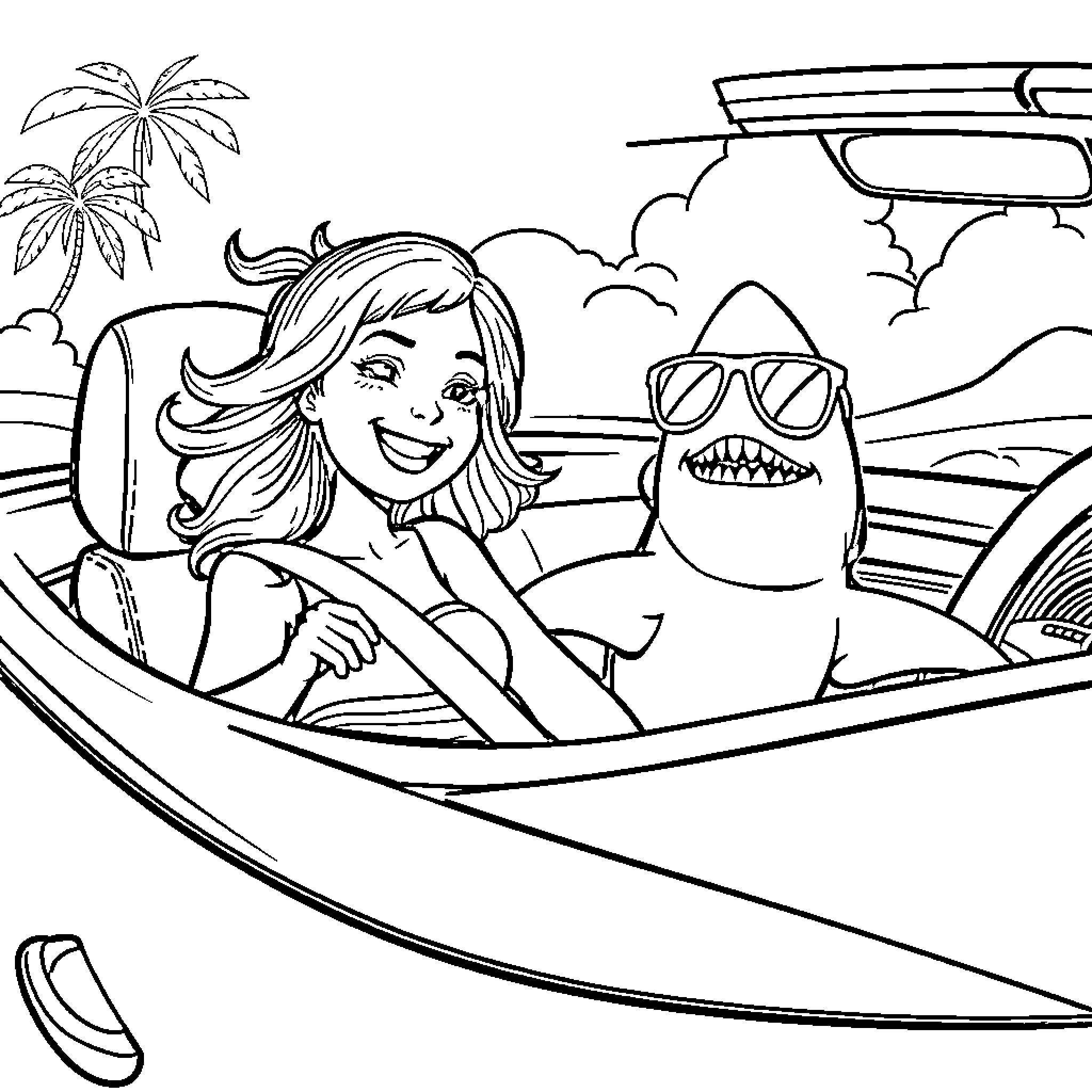 Girl enjoying a beach adventure with a shark companion Coloring Page (free black-and-white line drawing printable PDF for all, from beginners to advanced learners, including children, teens, adults, and seniors)