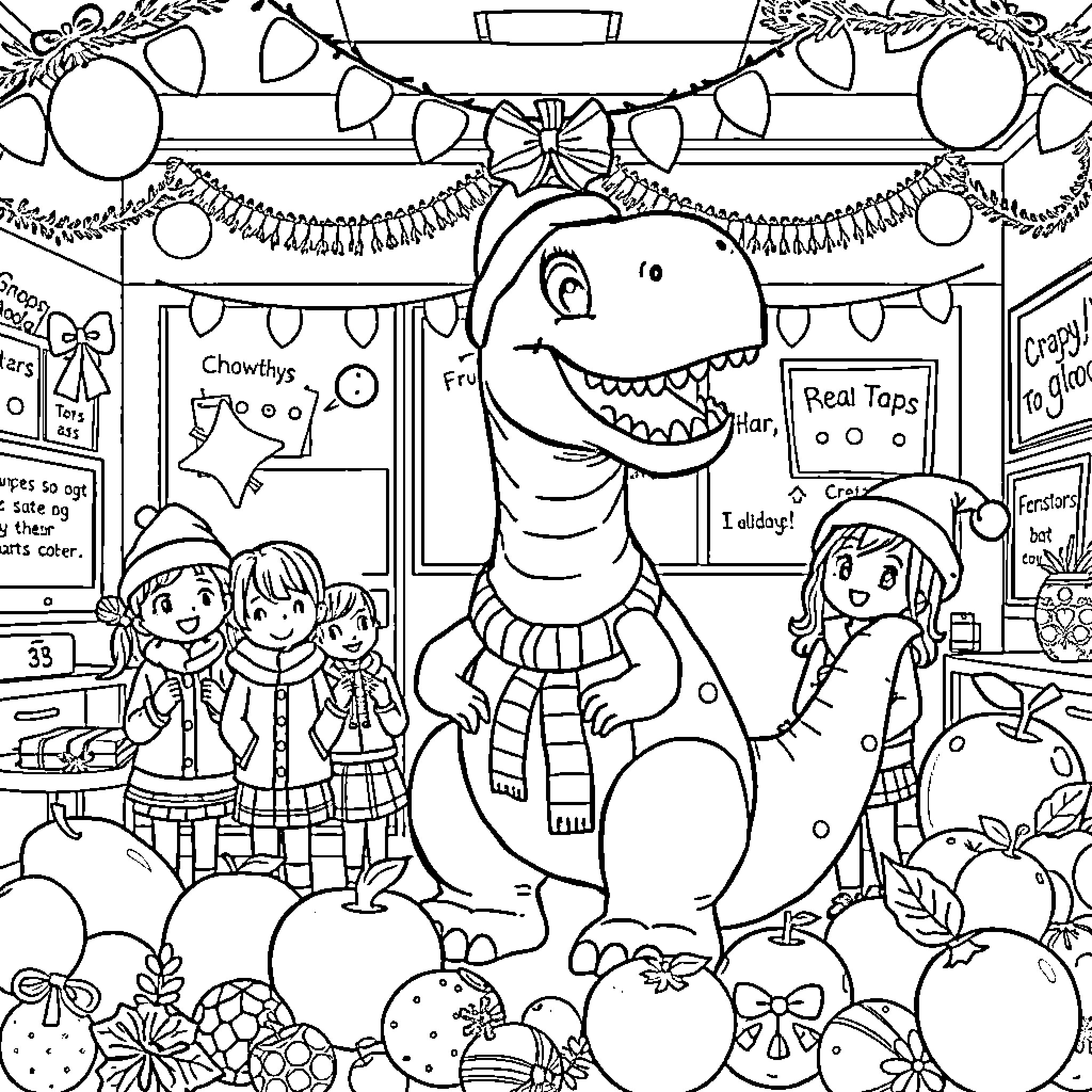 Fruit Dinosaur Celebrating Holidays with Children Coloring Page (free black-and-white line drawing printable PDF for all, from beginners to advanced learners, including children, teens, adults, and seniors)