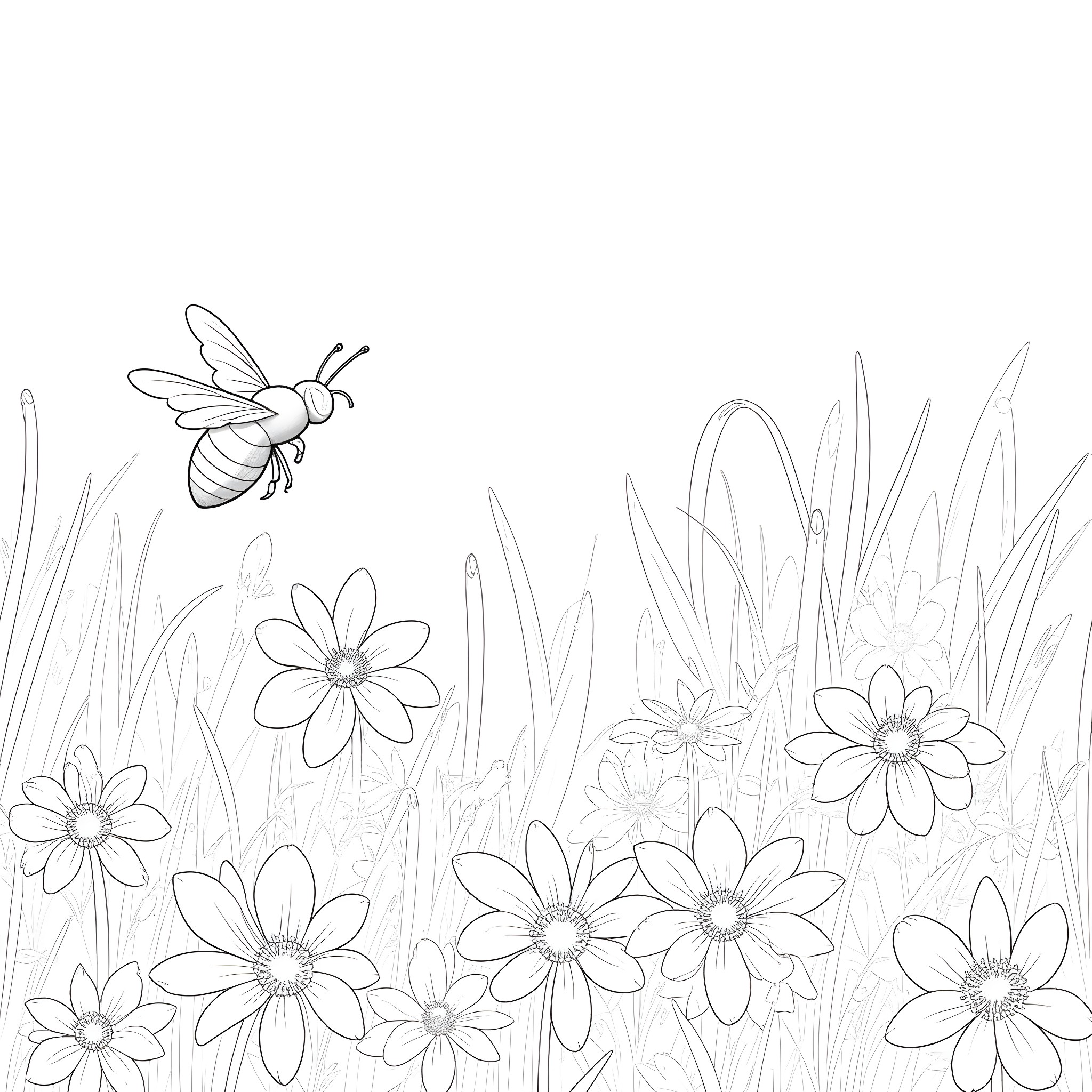 Bee exploring a field of blooming flowers Coloring Page (free black-and-white line drawing printable PDF for all, from beginners to advanced learners, including children, teens, adults, and seniors)