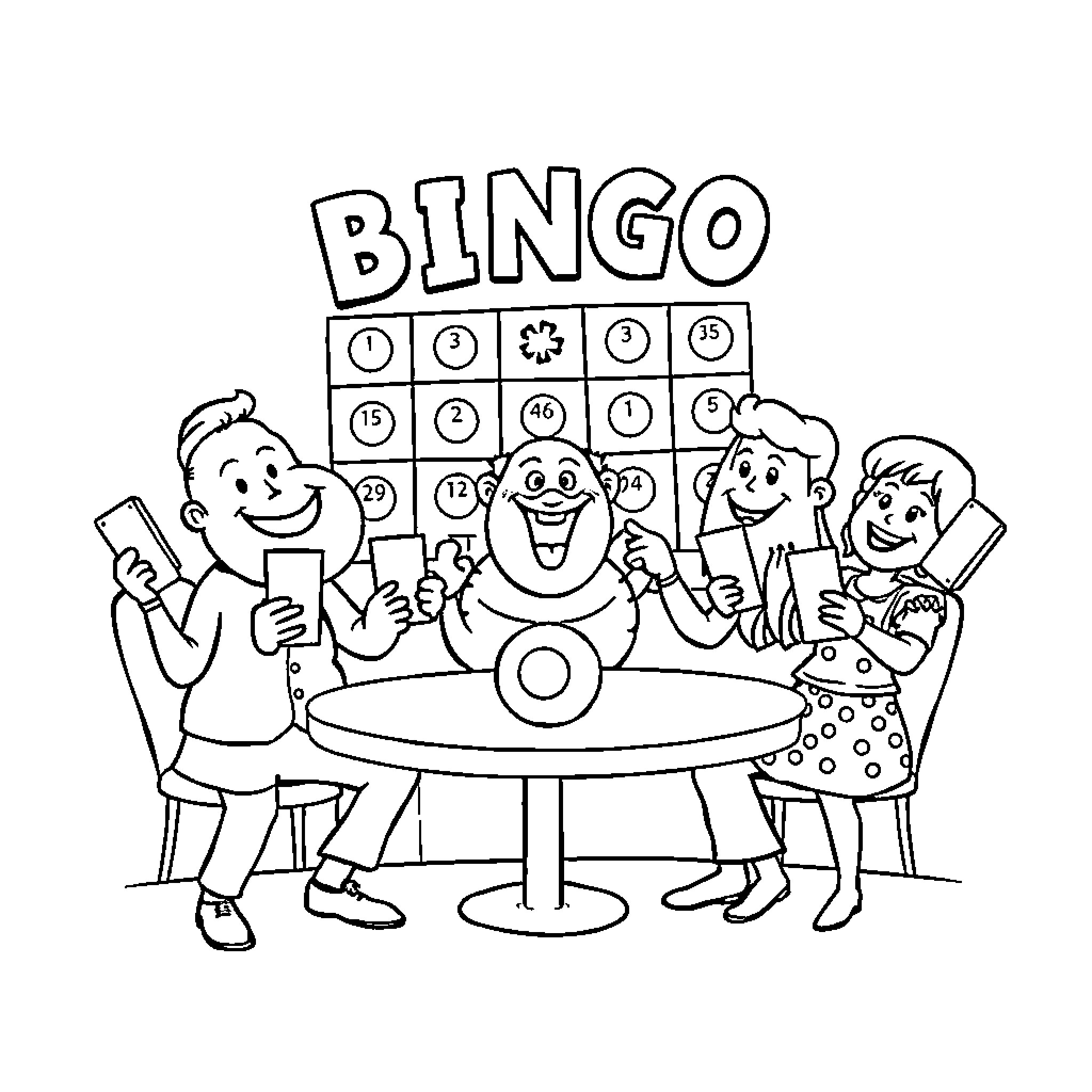 Bingo game with excited players Coloring Page (free black-and-white line drawing printable PDF for all, from beginners to advanced learners, including children, teens, adults, and seniors)