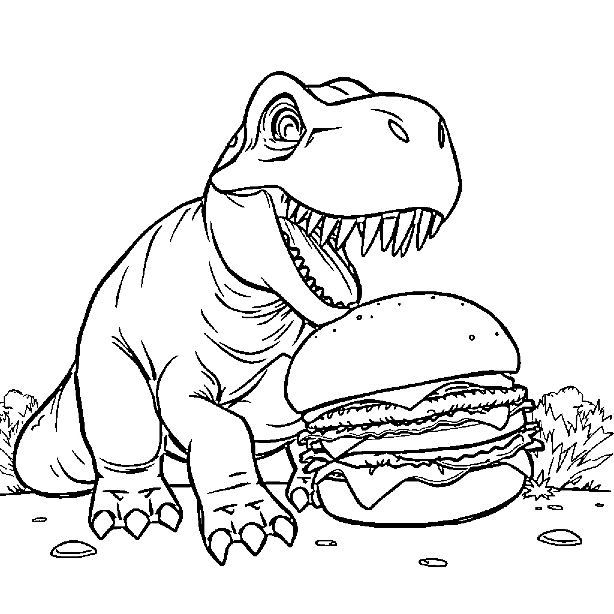 Dinosaur enjoying a tasty burger in the wild Coloring Page (free black-and-white line drawing printable PDF for all, from beginners to advanced learners, including children, teens, adults, and seniors)