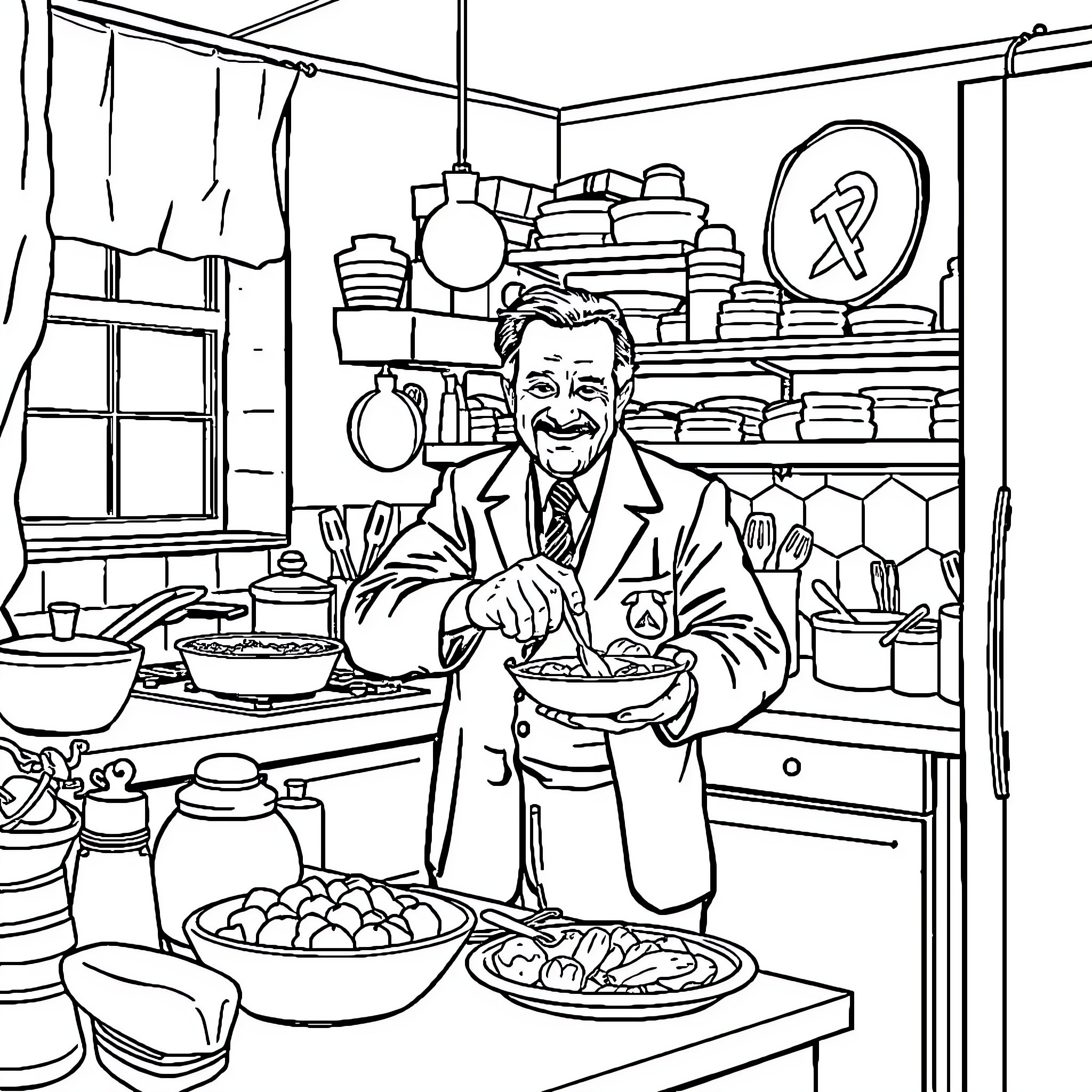 Fabien Roussel cooking in a kitchen Coloring Page (free black-and-white line drawing printable PDF for all, from beginners to advanced learners, including children, teens, adults, and seniors)