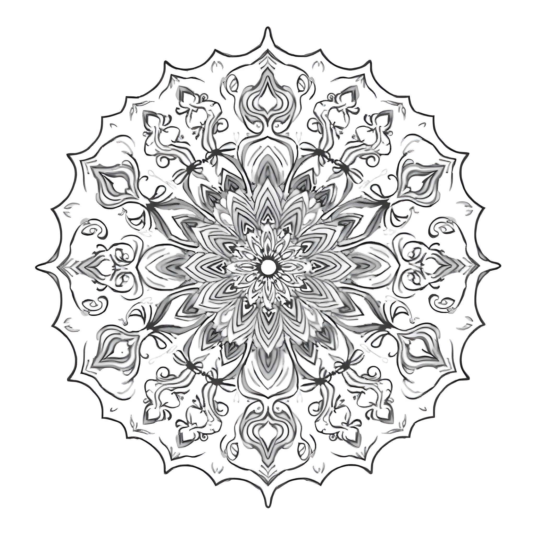 Mandala of intricate floral patterns and symmetry Coloring Page (free black-and-white line drawing printable PDF for all, from beginners to advanced learners, including children, teens, adults, and seniors)