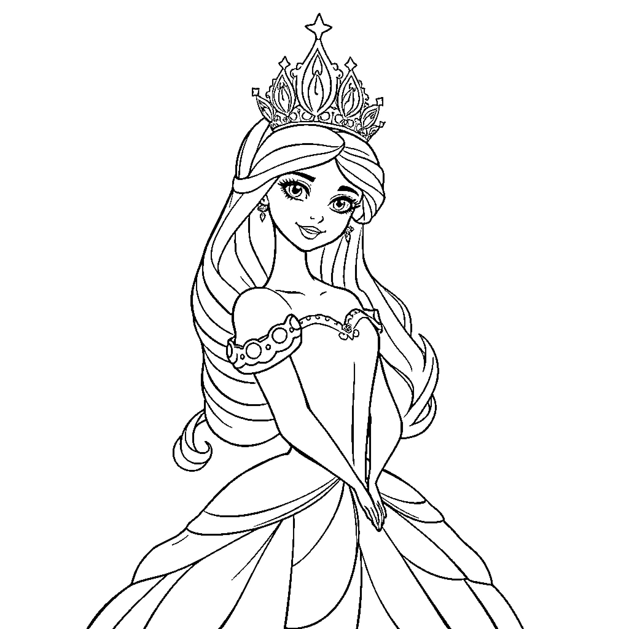 Princess in a Magnificent Gown and Crown Coloring Page (free black-and-white line drawing printable PDF for all, from beginners to advanced learners, including children, teens, adults, and seniors)