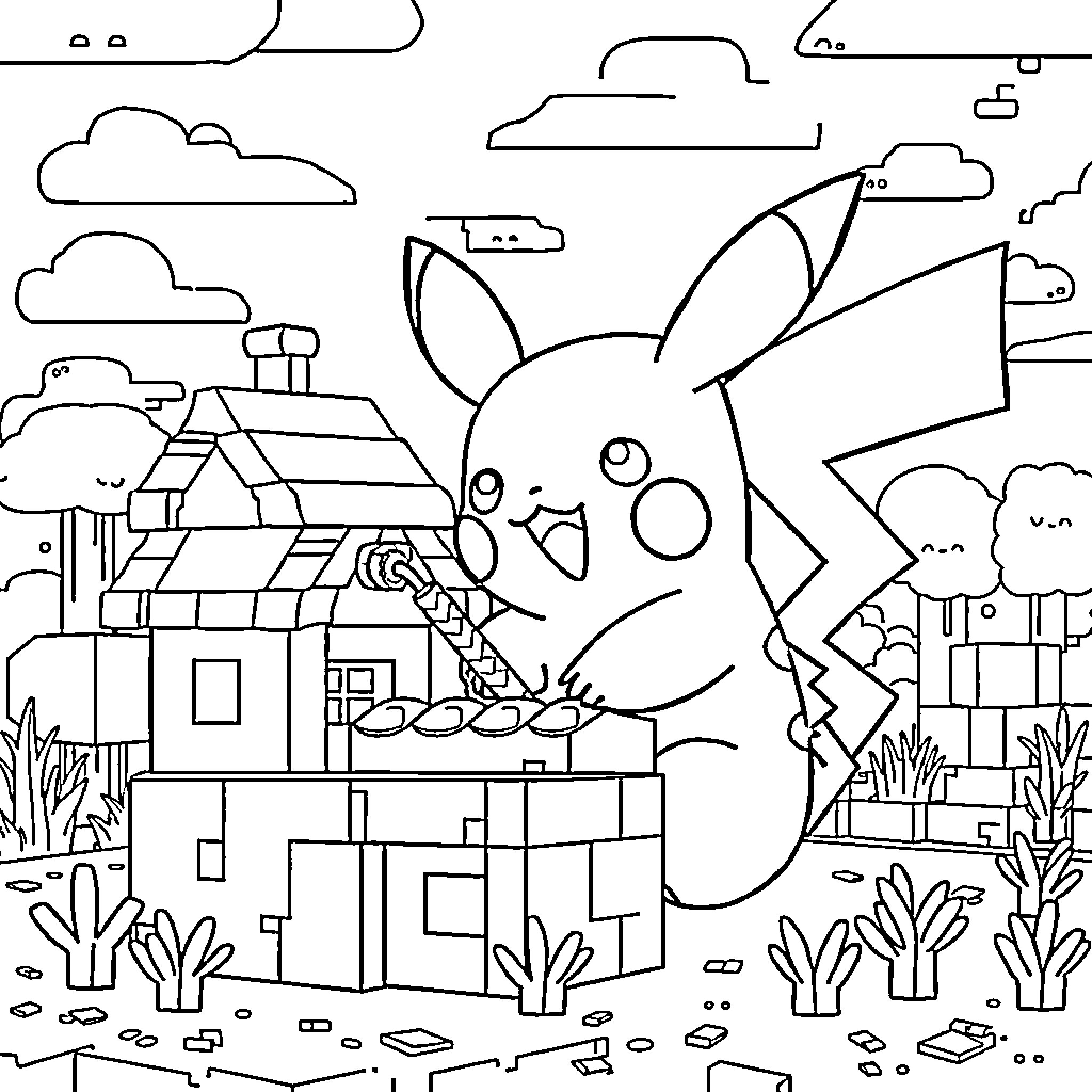 Pikachu exploring a quaint village Coloring Page (free black-and-white line drawing printable PDF for all, from beginners to advanced learners, including children, teens, adults, and seniors)