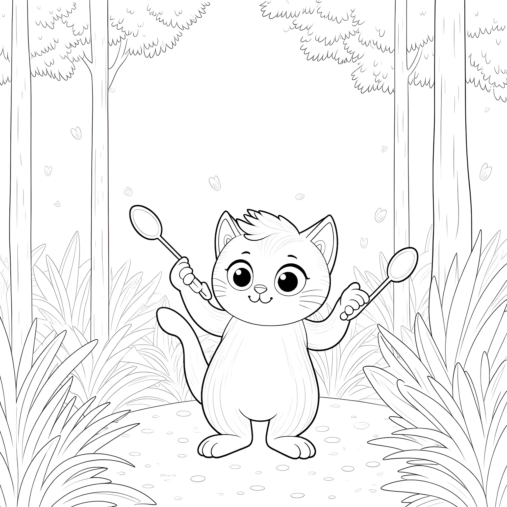 Kitten exploring the forest with spoons Coloring Page (free black-and-white line drawing printable PDF for all, from beginners to advanced learners, including children, teens, adults, and seniors)