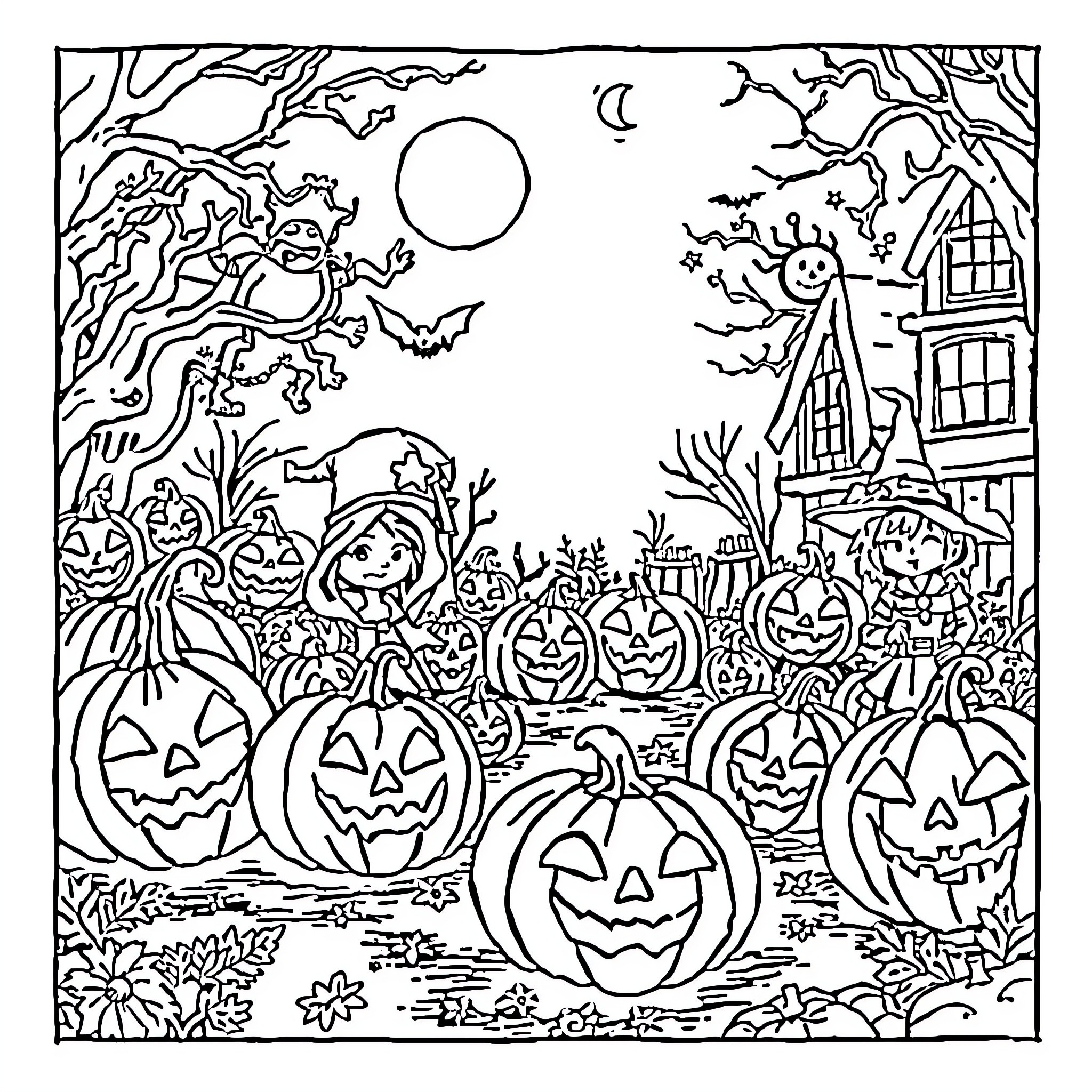 Halloween night with pumpkins, bats, and haunted house Coloring Page (free black-and-white line drawing printable PDF for all, from beginners to advanced learners, including children, teens, adults, and seniors)